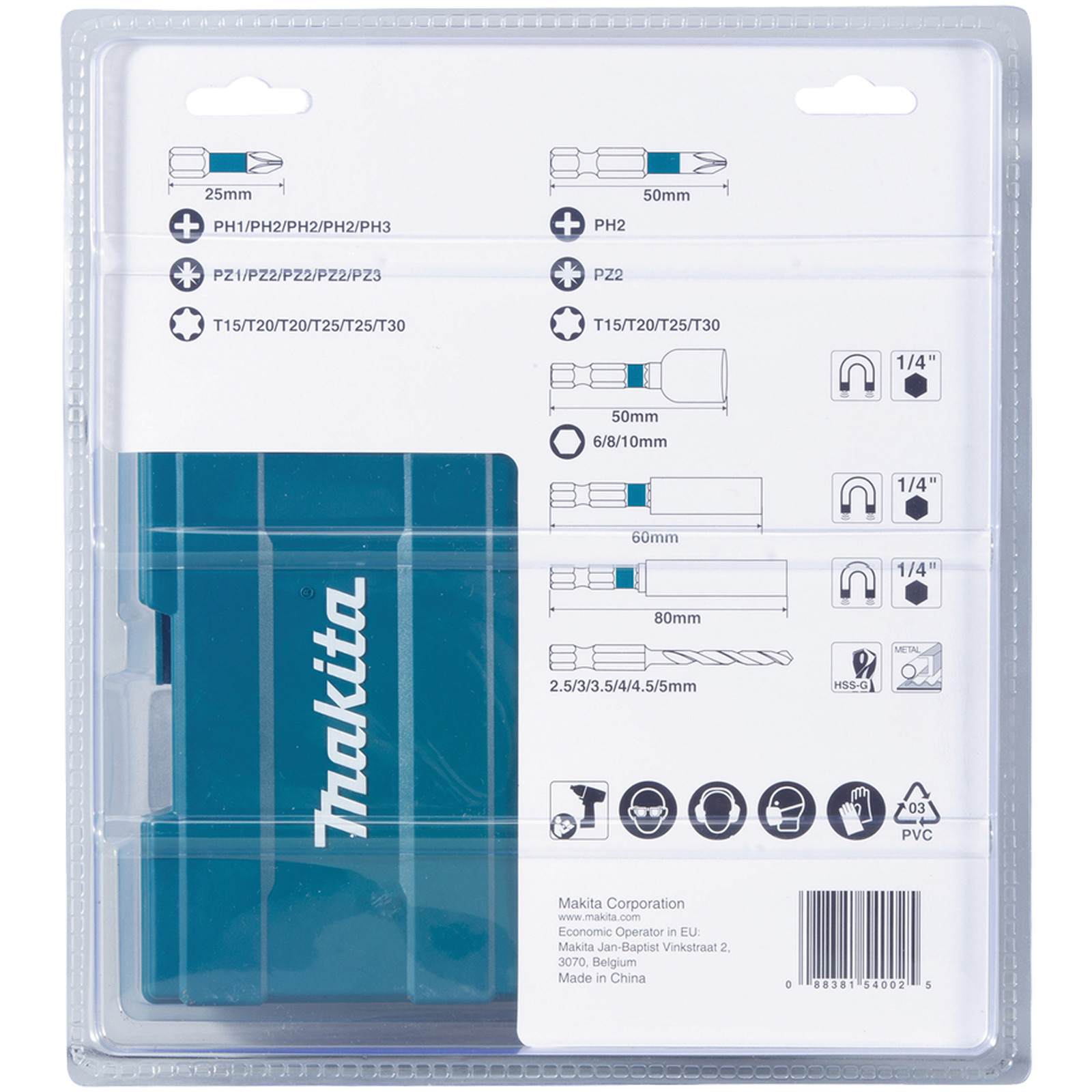 Przezroczyste plastikowe opakowanie zawiera różne końcówki wiertarskie. Widoczne jest logo Makita. Wyświetlane są informacje o rozmiarach i typach.