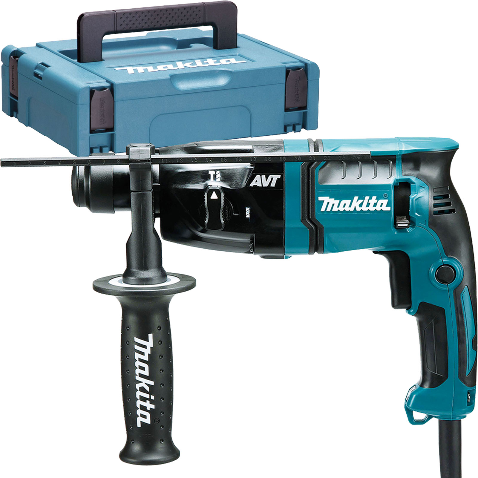 Un martello perforatore Makita nero e verde acqua con custodia abbinata. Il trapano ha un'impugnatura nera e un corpo verde acqua.