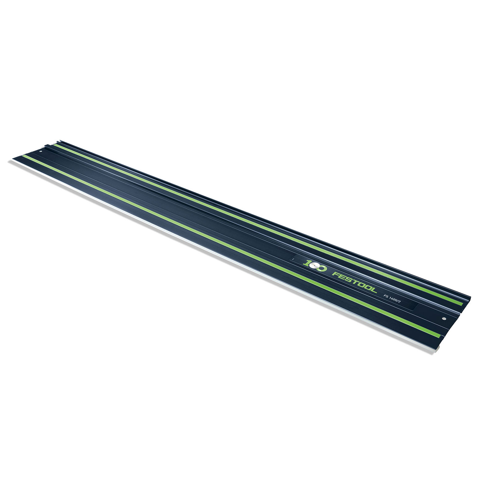 Prowadnica Festool, czarna z zielonymi paskami, leży po przekątnej na białej powierzchni. Widoczne logo Festool.