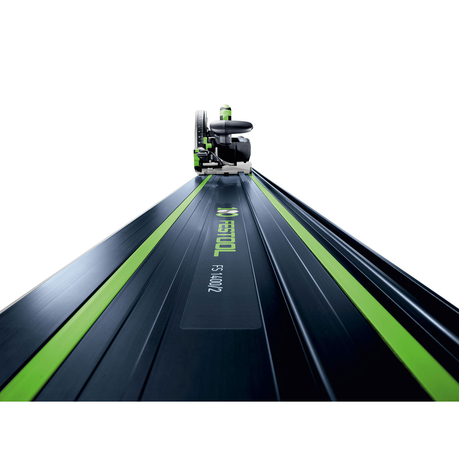Czarno-zielona prowadnica Festool FS 1400/2 z piłą tarczową, na białym tle.