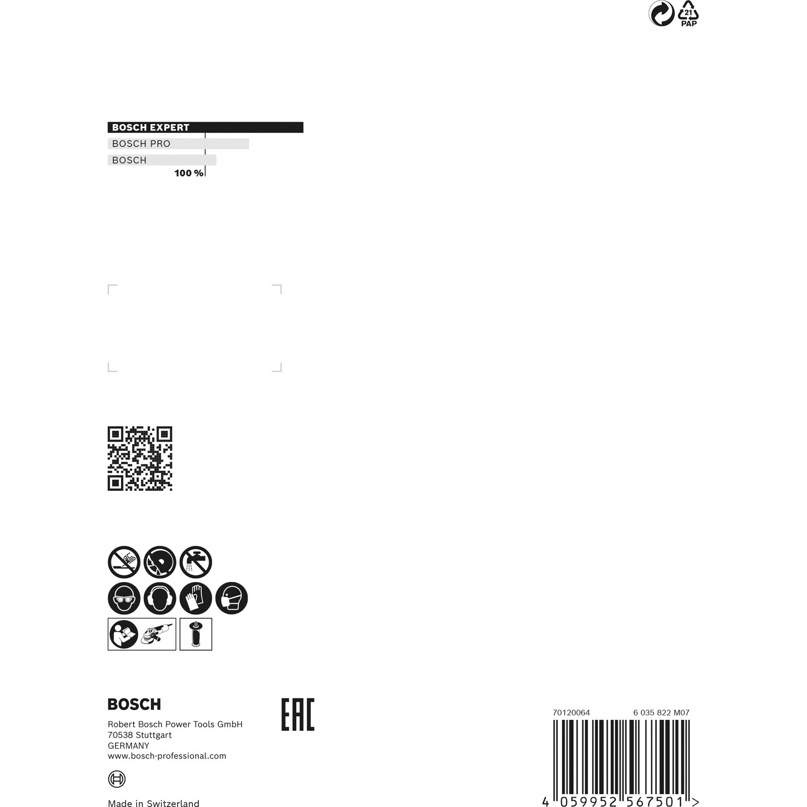 Weißer Hintergrund mit schwarzem Text und Logos. Enthält BOSCH-Markeninformationen, einen QR-Code, Sicherheitssymbole und einen Barcode.