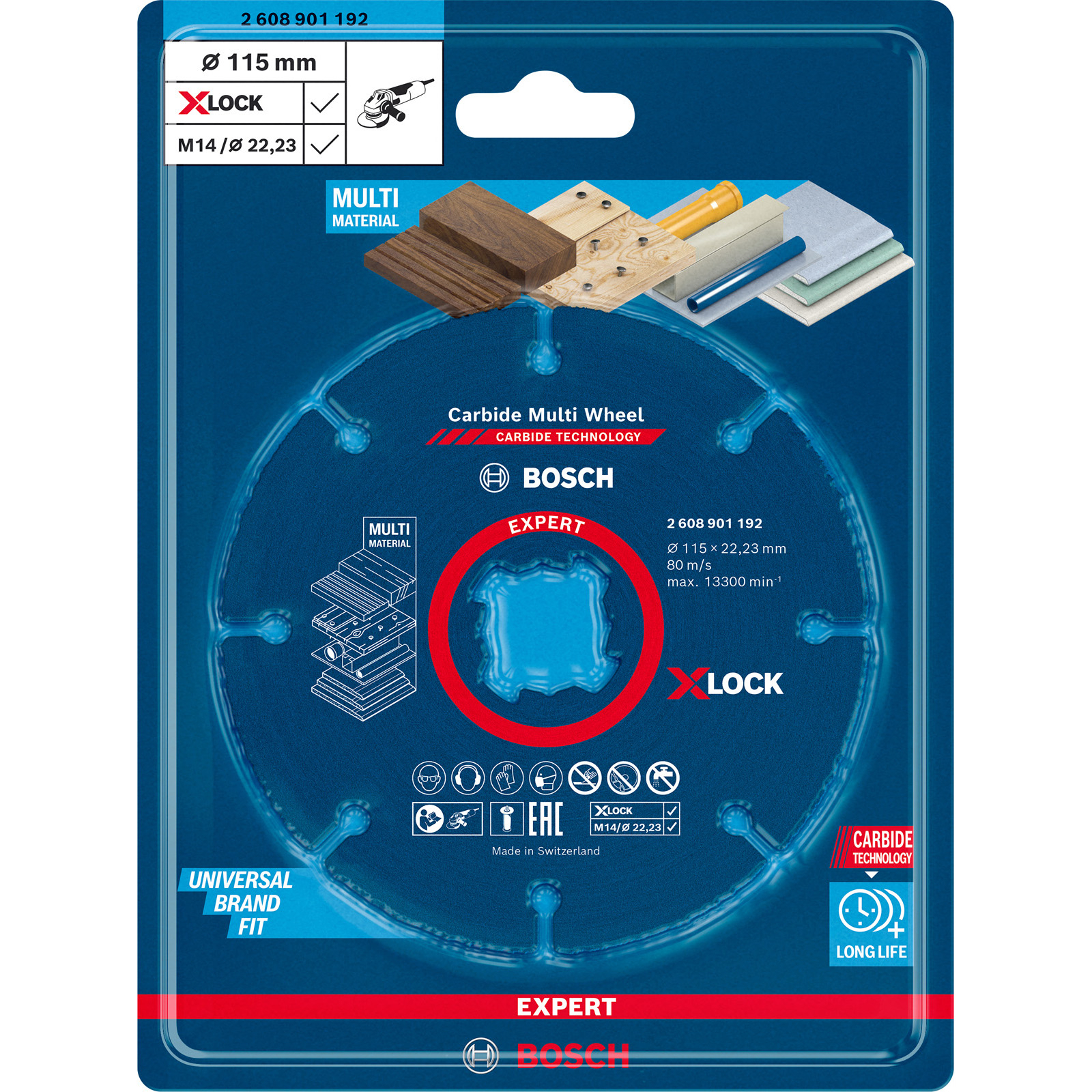 Bosch Carbide Multi Wheel-Verpackung. Zeigt eine Trennscheibe mit blauem Zentrum. Es hat Materialproben, die es schneiden kann.