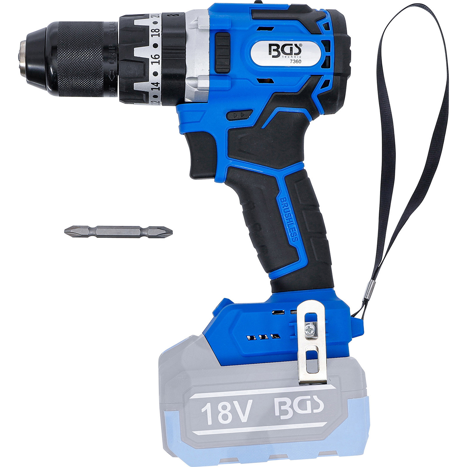 Trapano avvitatore blu e nero con batteria. Una punta è accanto. Il marchio è BGS technic.