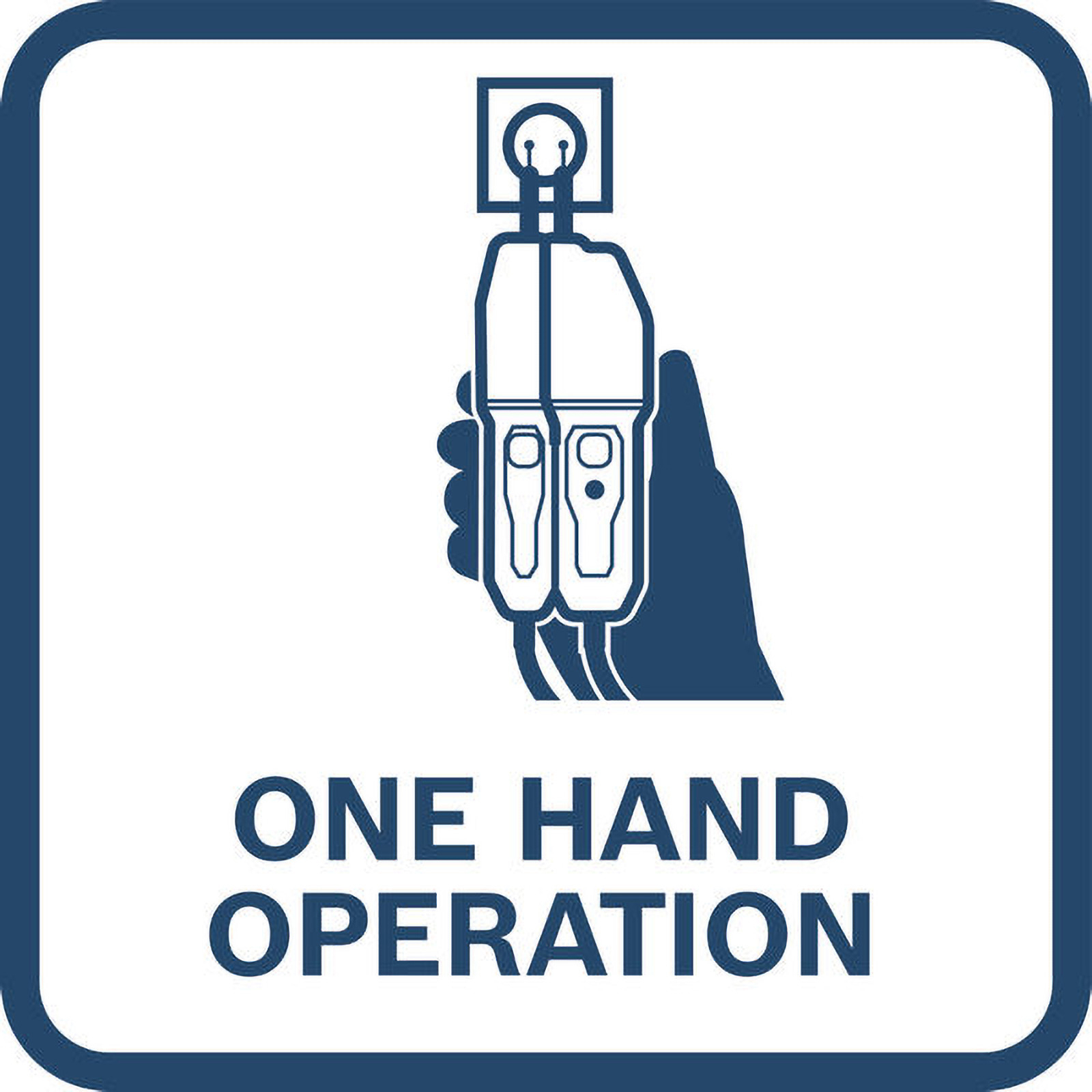 Ein blau-weißes Schild mit einer Abbildung eines Geräts in einer Hand und den Worten 'ONE HAND OPERATION'.