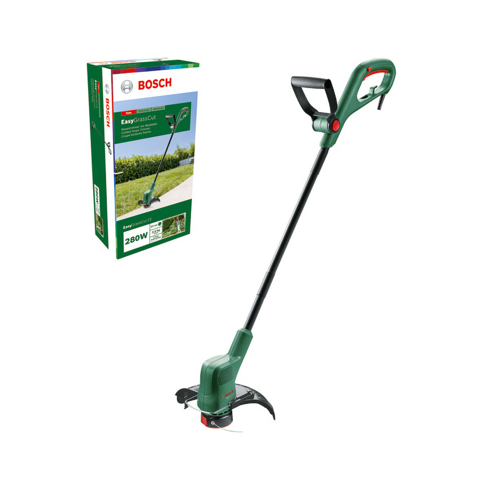 Une tondeuse à gazon Bosch EasyGrassCut verte et sa boîte sur fond blanc.