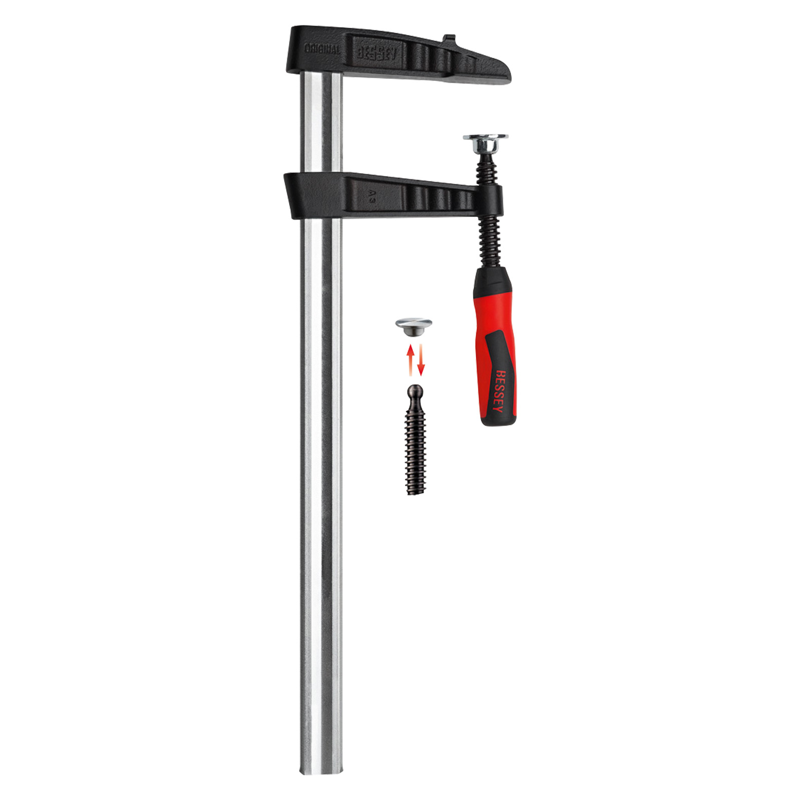 Ścisk stolarski Bessey z czarną ramą, czerwonym uchwytem i srebrnym prętem. Części są rozdzielone, ze strzałkami do montażu.