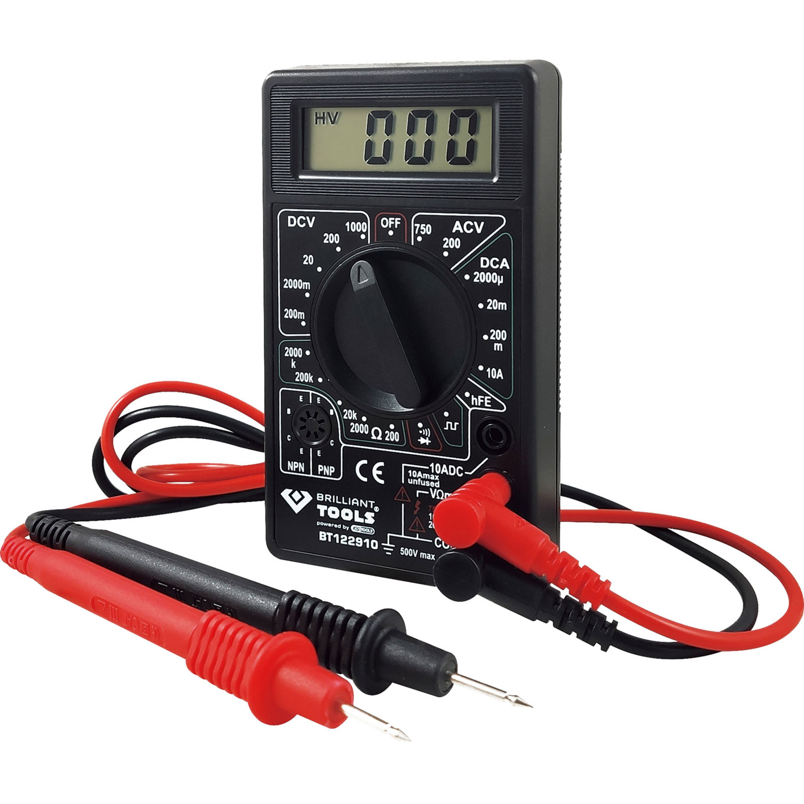 Ein schwarzes Multimeter mit roten und schwarzen Leitungen. Es hat ein digitales Display und einen Drehschalter. Weißer Hintergrund.