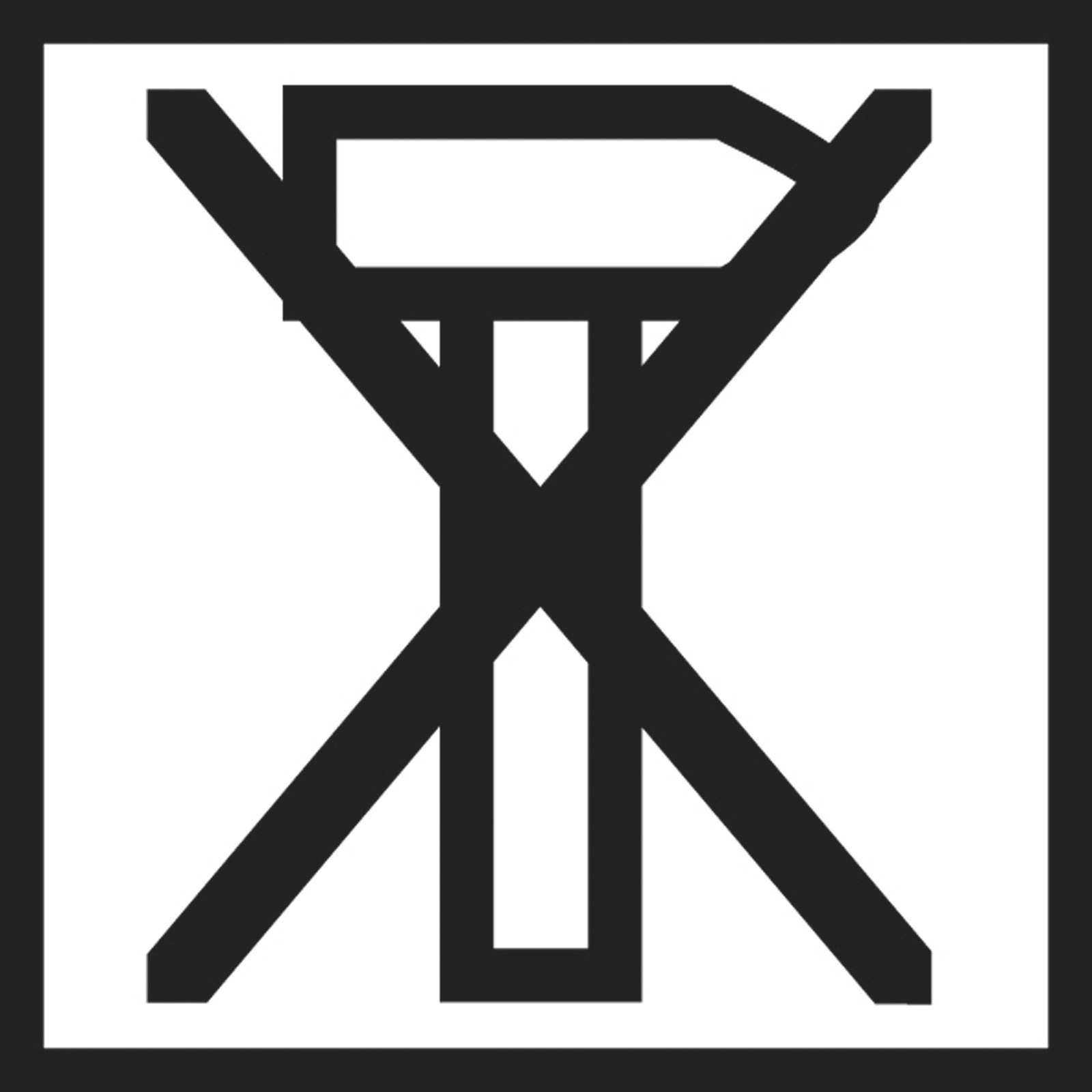 Czarny abstrakcyjny symbol na białym tle i czarnej obwódce. Zawiera przecinające się linie i kształty przypominające X i młotek.