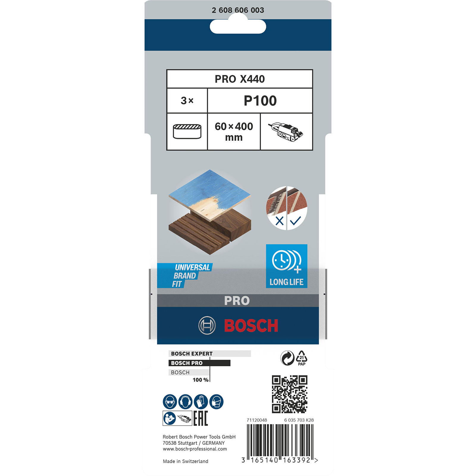 Una confezione di prodotti Bosch. Include il nome del prodotto, le caratteristiche e le informazioni sul marchio. Viene utilizzata una combinazione di colori blu e bianco.