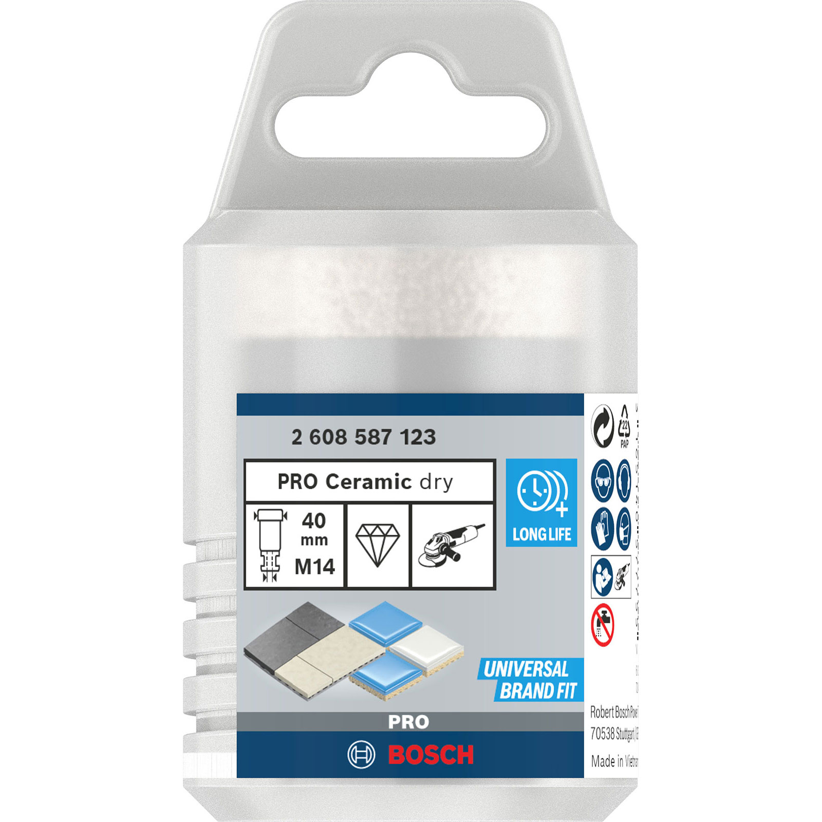 Lama Bosch Pro Ceramic dry in confezione di plastica trasparente. Mostra la lama, le sue dimensioni e un simbolo di diamante.