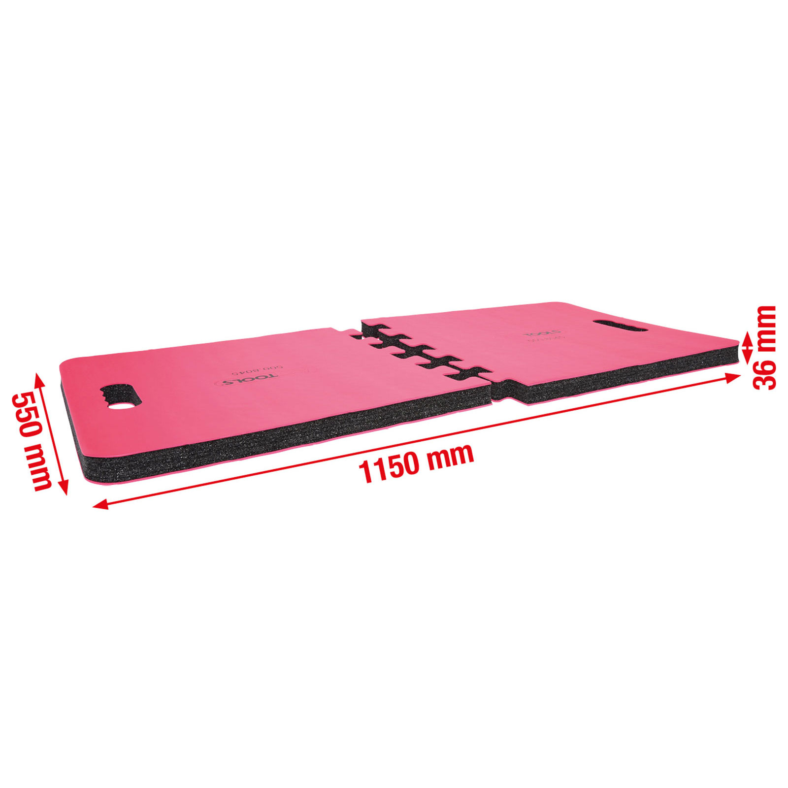 Tappetino in schiuma rosa e nero, lungo 1150 mm, largo 550 mm, spesso 36 mm. Testo: 'TOOLS'.