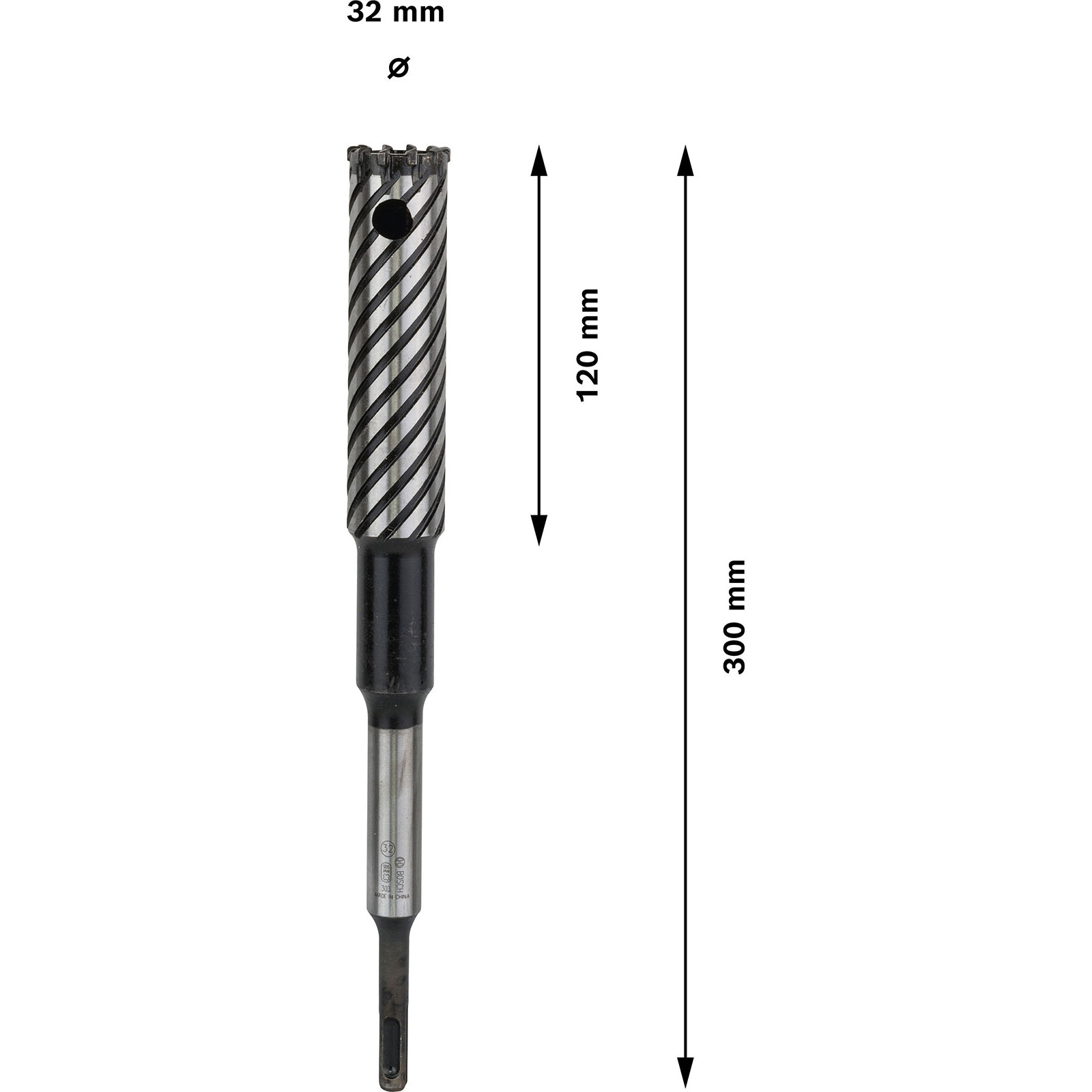 Ein Bohrer mit Spiralnuten. Maße: 32 mm Durchmesser, 120 mm Länge und 300 mm Gesamtlänge.