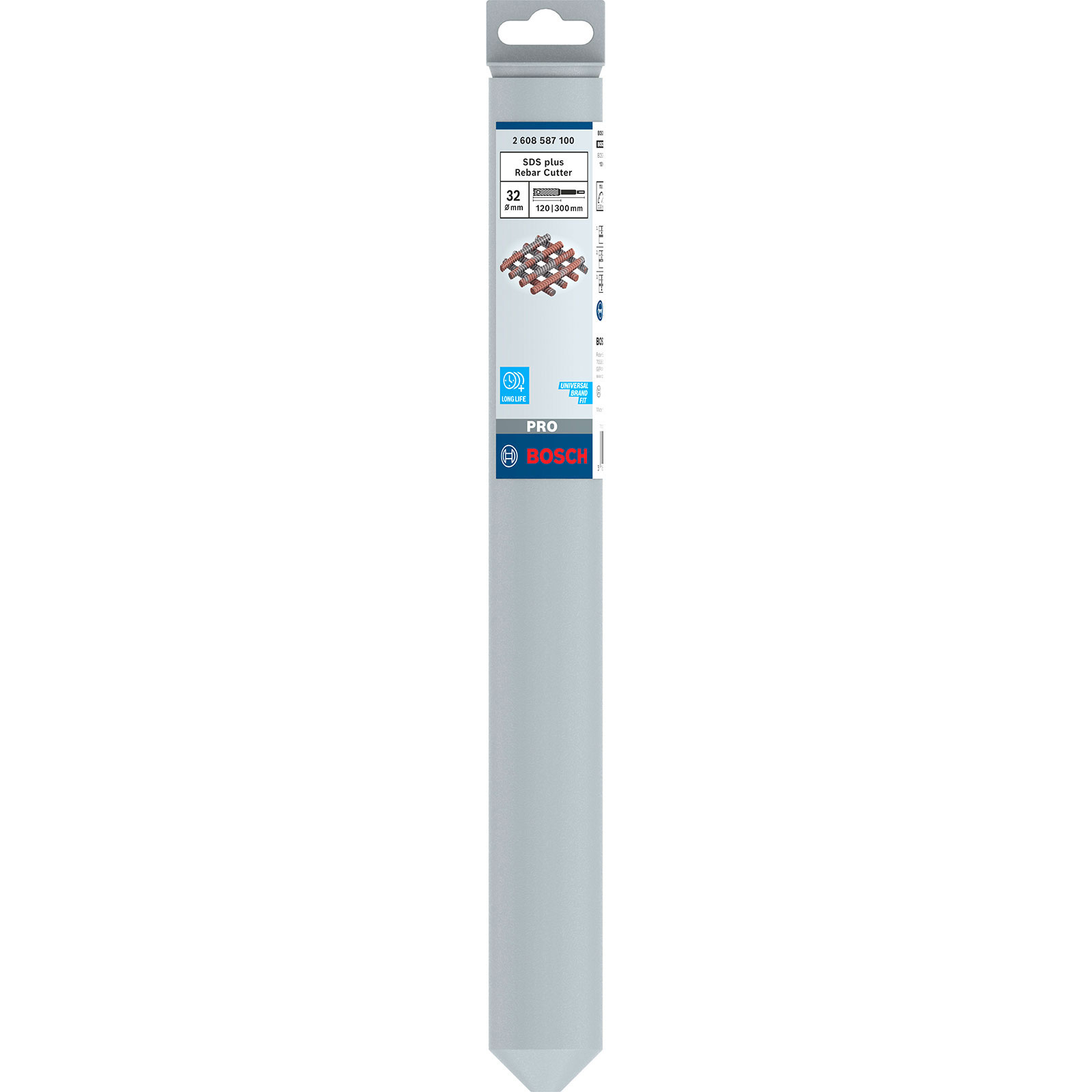 Bosch SDS Plus Bewehrungsschneider in grauer Verpackung. Produktname, Größenangaben und Bosch-Logo.