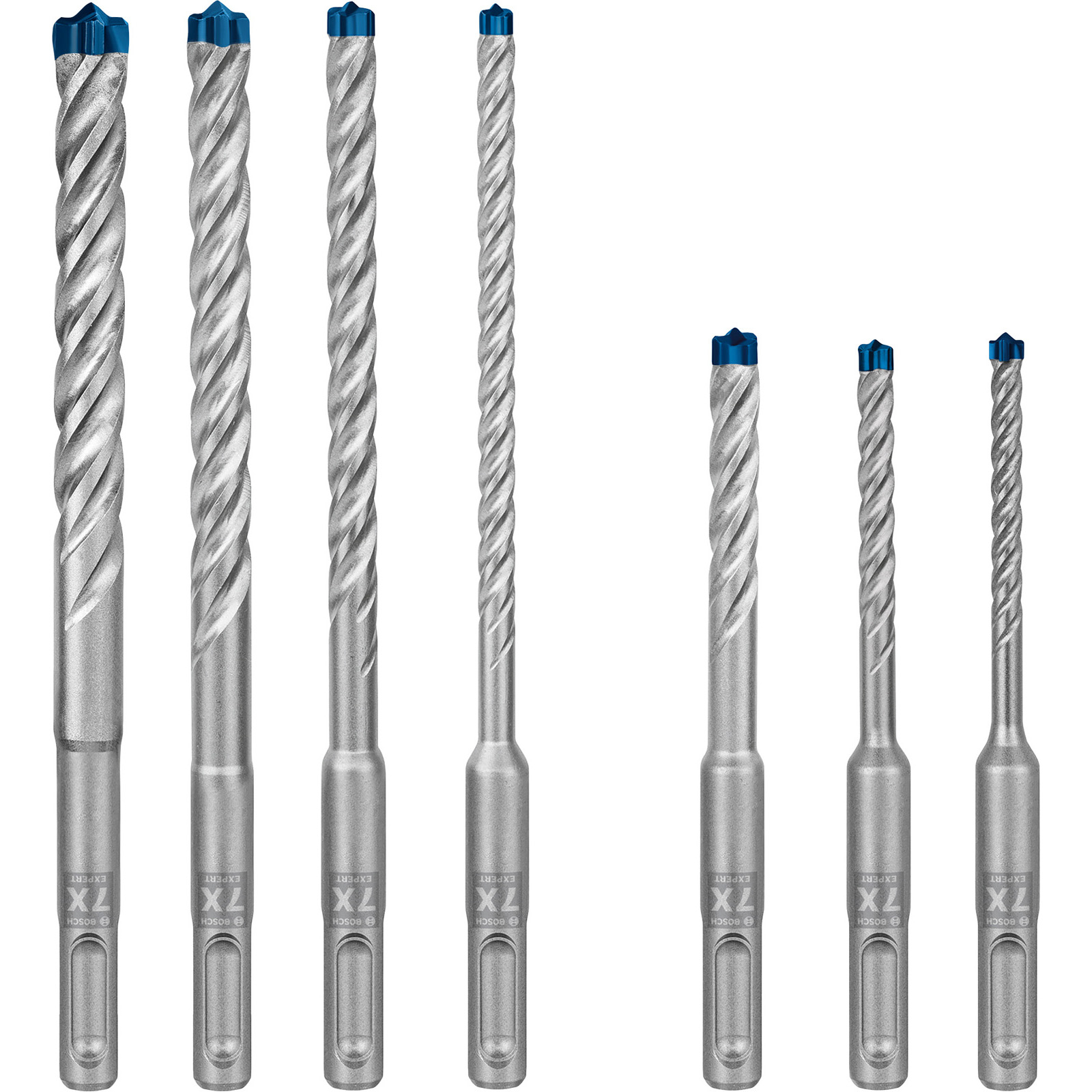 Sieben silberne Bohrer mit blauen Spitzen. Jeder hat ein spiralförmiges Design. Markenname und '7X' stehen unten.