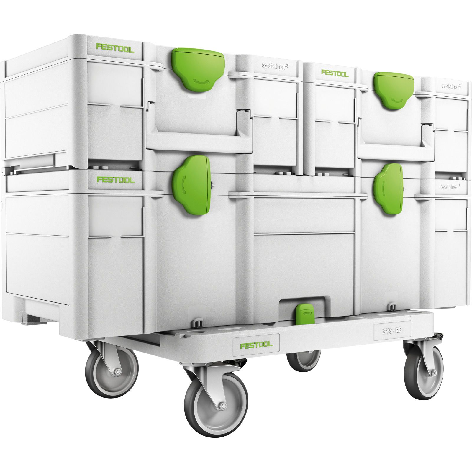 Weiße Festool Systainer-Boxen gestapelt auf einem Wagen mit Rädern. Grüne Verschlüsse und Griffe sichtbar.