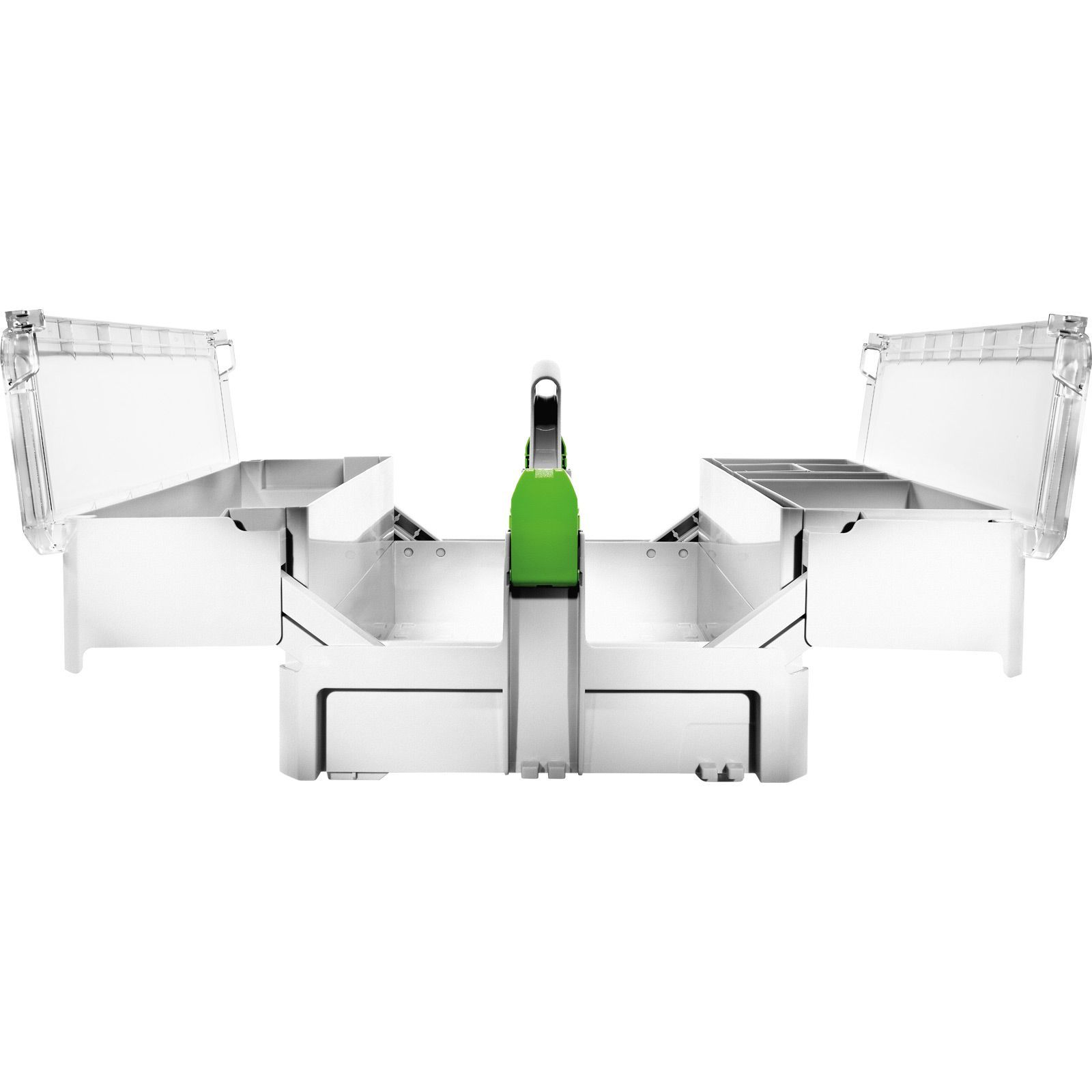 Biała, otwarta skrzynka narzędziowa z zielonym uchwytem jest wyśrodkowana na białym tle. Dwie strony są otwarte.