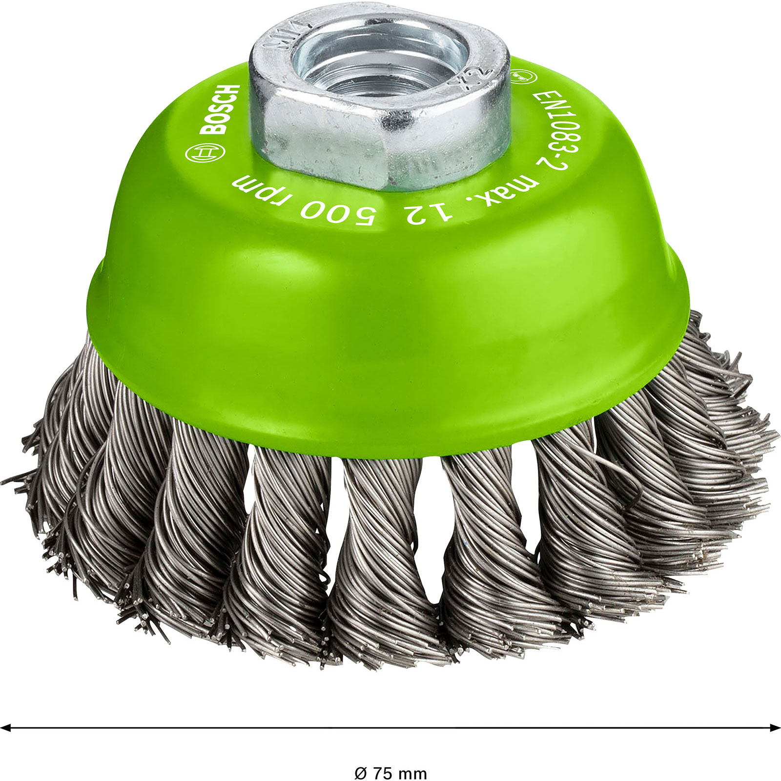 Eine grüne und Stahldrahtbürste mit einer Metallmutter oben. Die Bürste ist mit 'BOSCH' und 'EN1083-2' beschriftet.