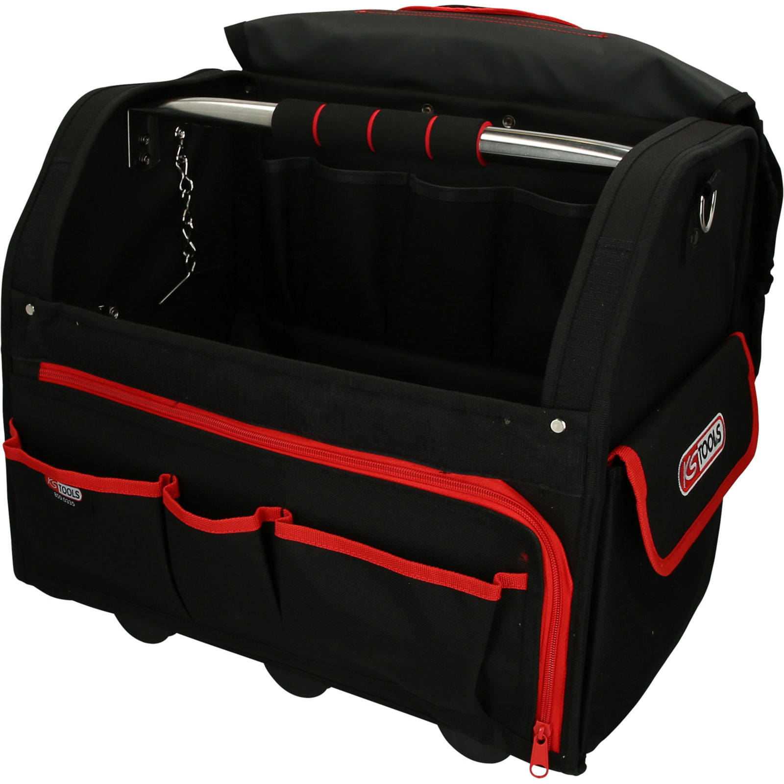 Borsa portautensili nera con dettagli rossi. Con tasche, maniglia e ruote. Logo KS TOOLS visibile.