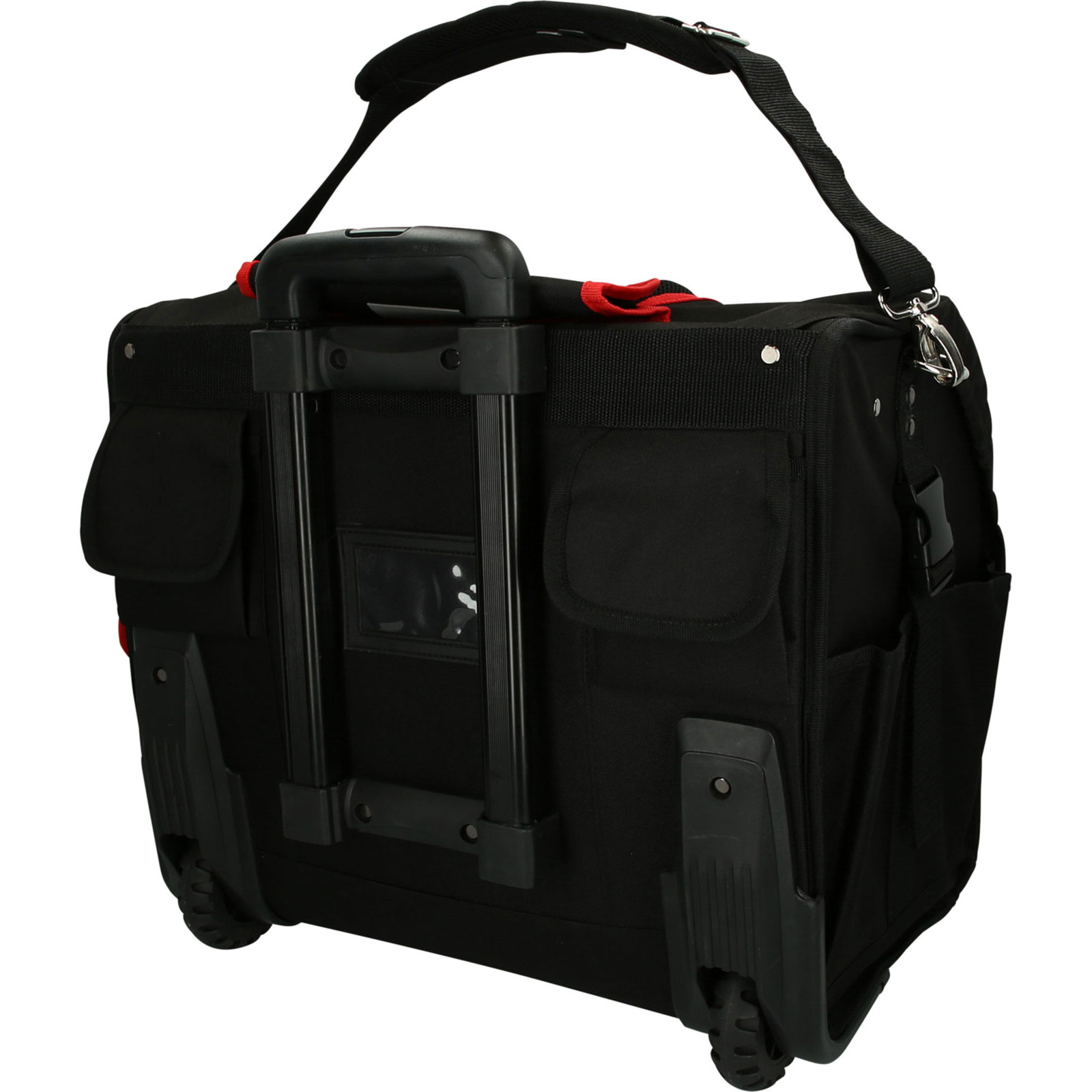 Borsa porta attrezzi nera con ruote, più tasche, maniglia e tracolla. Sono visibili dettagli rossi.