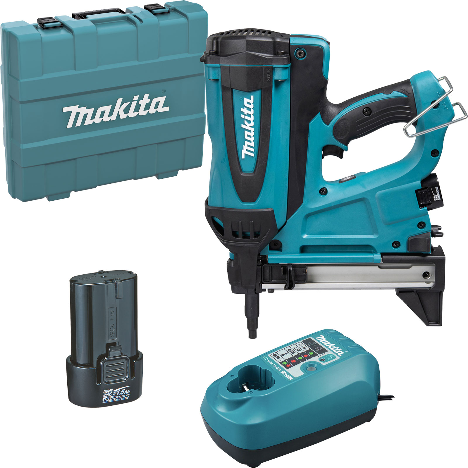 Un kit chiodatrice Makita turchese. Include chiodatrice, custodia turchese, batteria e caricabatterie.