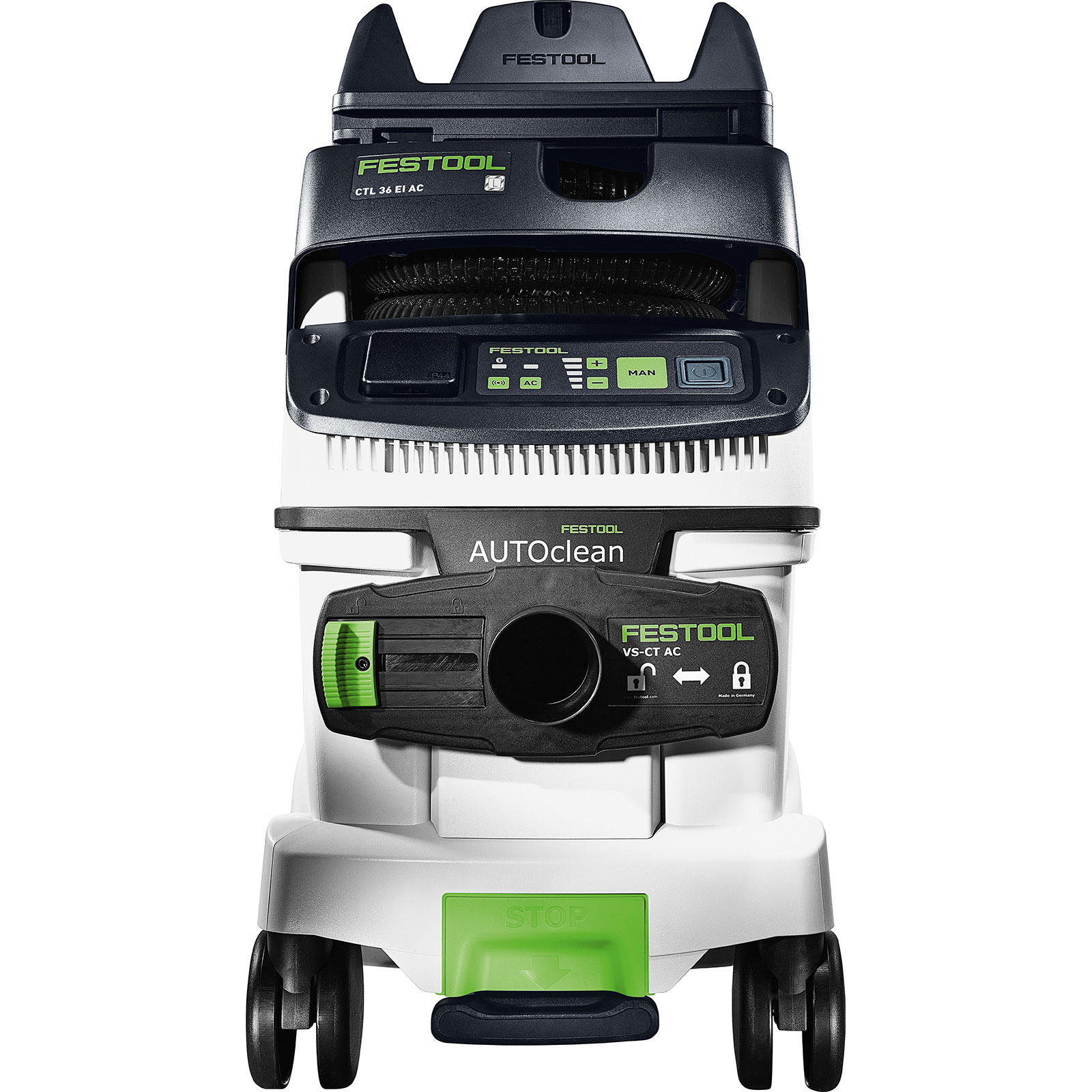 Ein Festool-Staubsauger. Er ist schwarz und weiß. Er hat Räder und einen grünen Knopf. Der Text darauf lautet Festool und Autoclean.