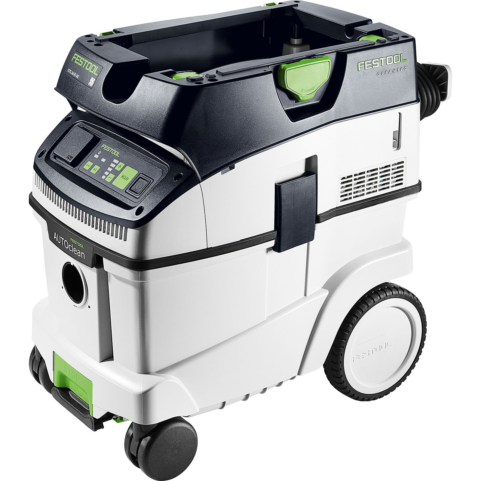 Ein weiß-schwarzer Festool-Staubsauger mit grünen Akzenten. Er hat Räder und ein Bedienfeld mit Knöpfen und einem Display.