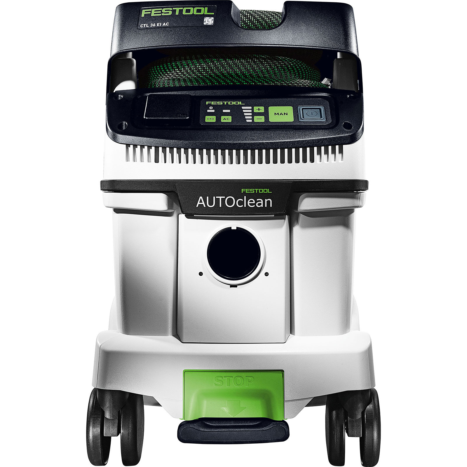 Ein weiß-schwarzer Festool-Staubsauger. Er hat grüne Akzente und einen grünen 'STOP'-Knopf. Das Modell ist CTL 36 EI AC.