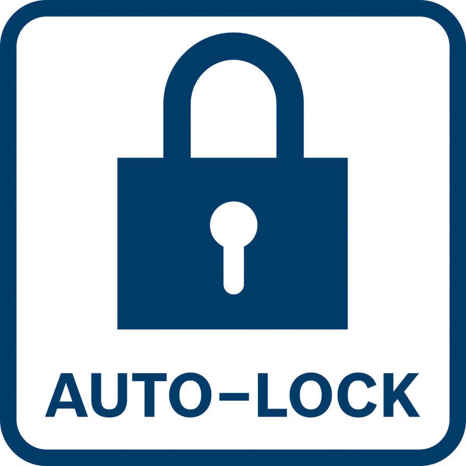 Mavi kenarlıklı beyaz bir kare, mavi asma kilit simgesi ve mavi renkte AUTO-LOCK metnini içerir.