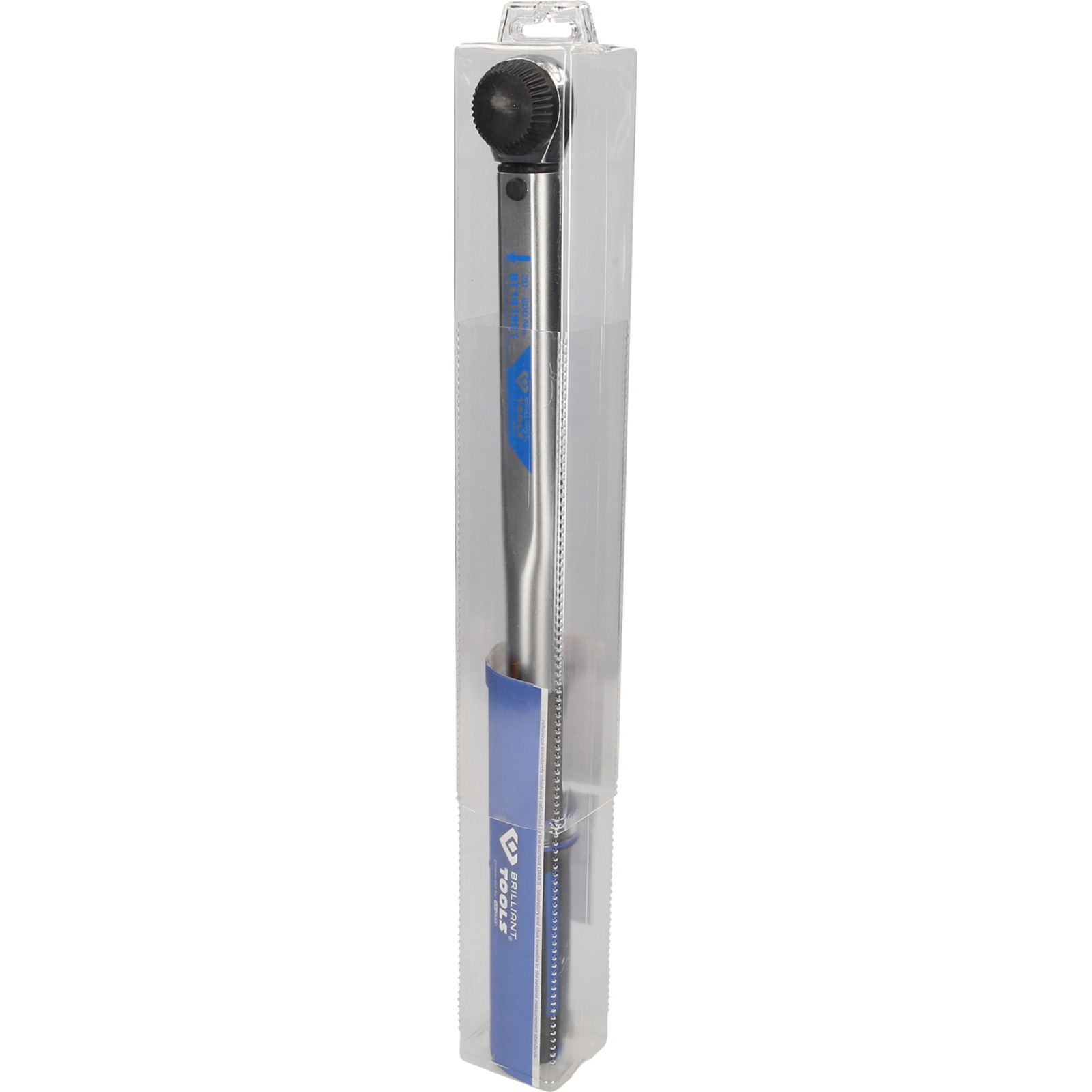 Una llave dinamométrica en un embalaje de plástico transparente. La llave es plateada con detalles en negro y azul.