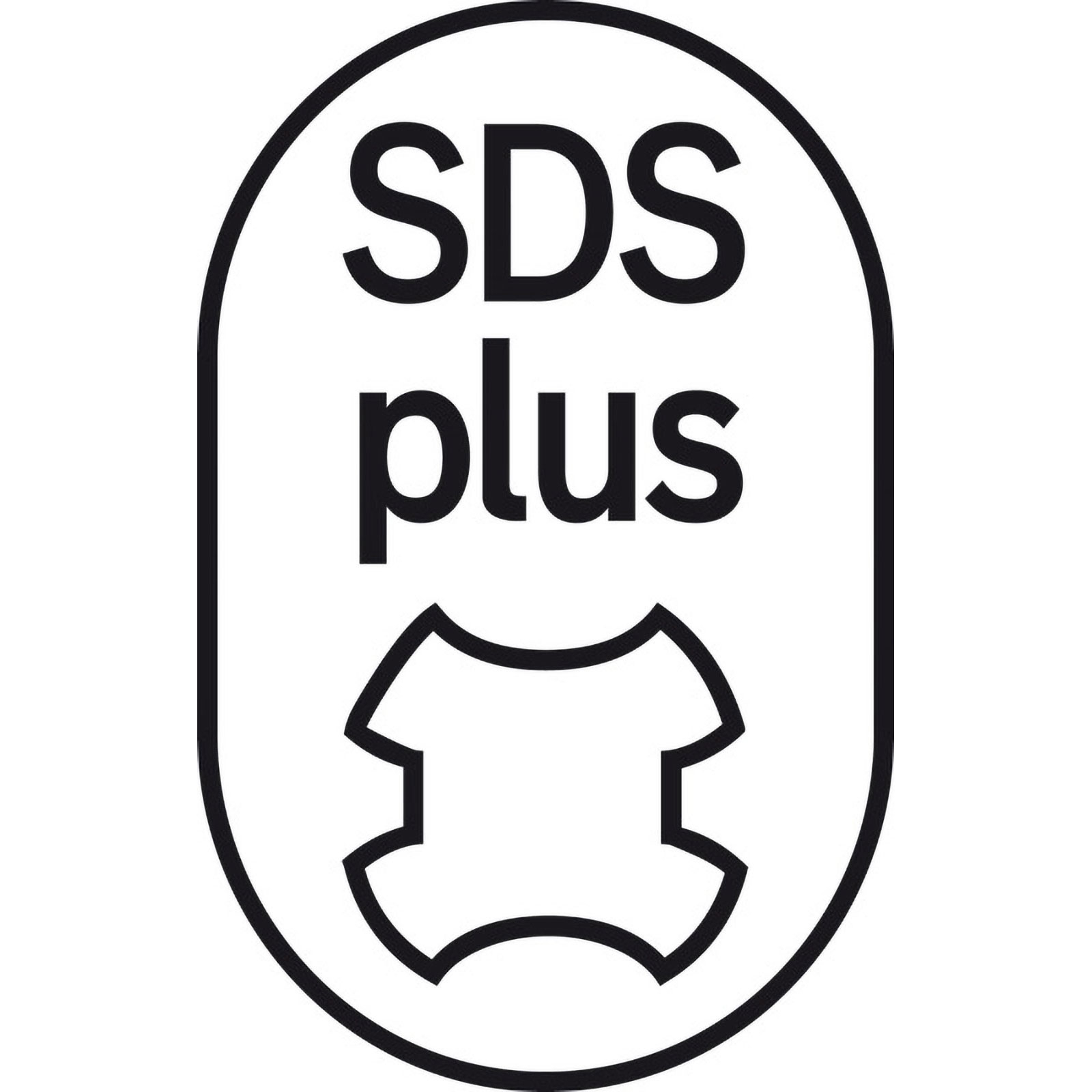 Logo SDS plus in bianco e nero. Testo in un rettangolo arrotondato, con una forma di attrezzo stilizzata sotto.