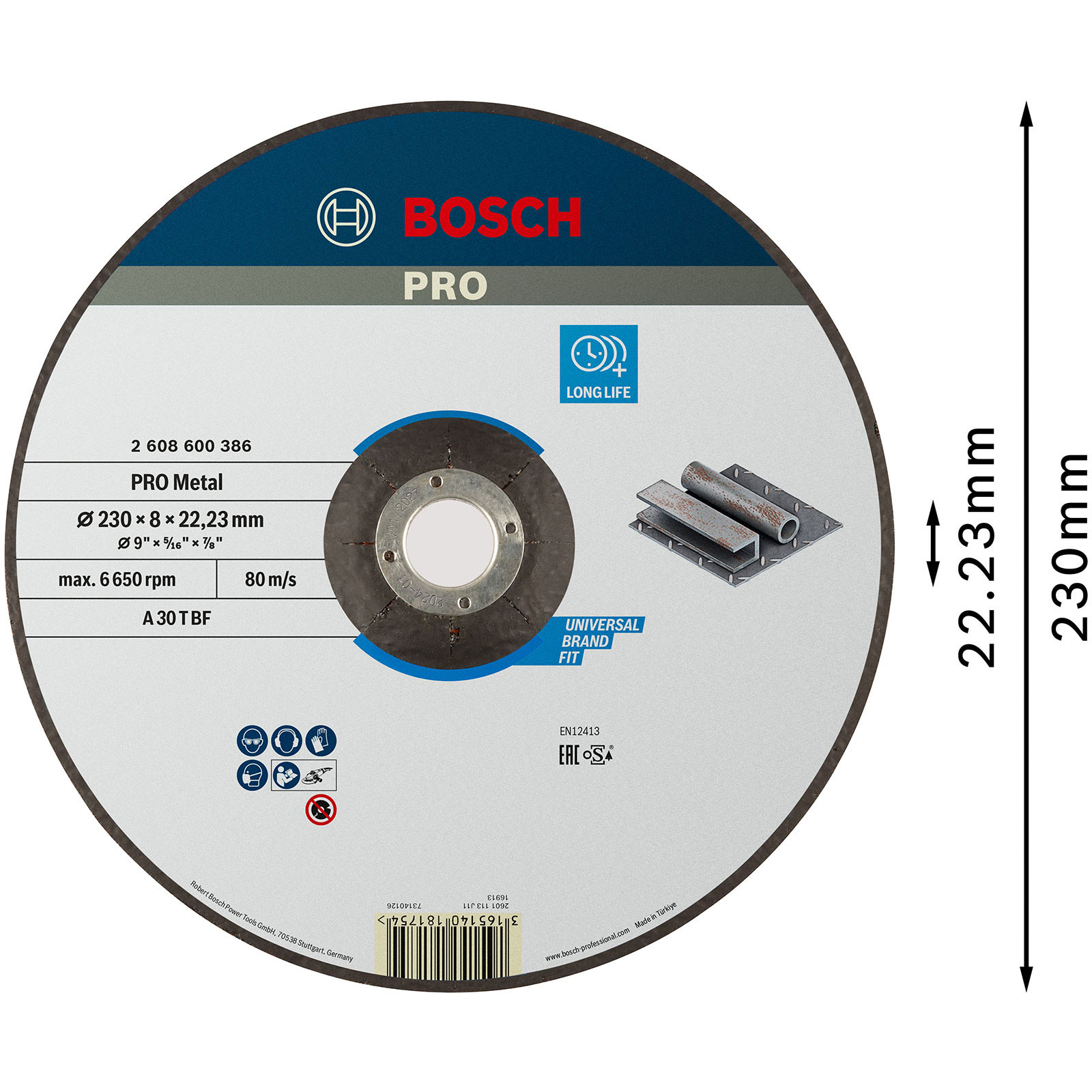 Eine Bosch Pro Metall-Trennscheibe. Spezifikationen sind aufgedruckt. Rechts ist ein Metallstück abgebildet.