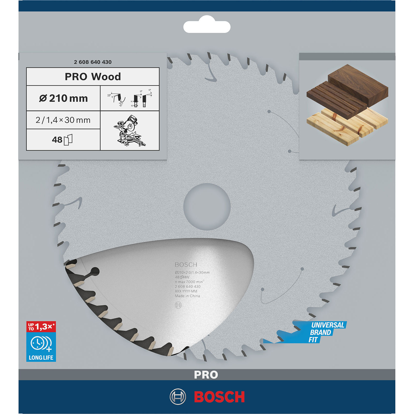 Bosch PRO Wood testere bıçağı. Özellikleri: boyut, ölçüler ve ahşap türleri şeması. Gri ve gümüş renk düzeni.