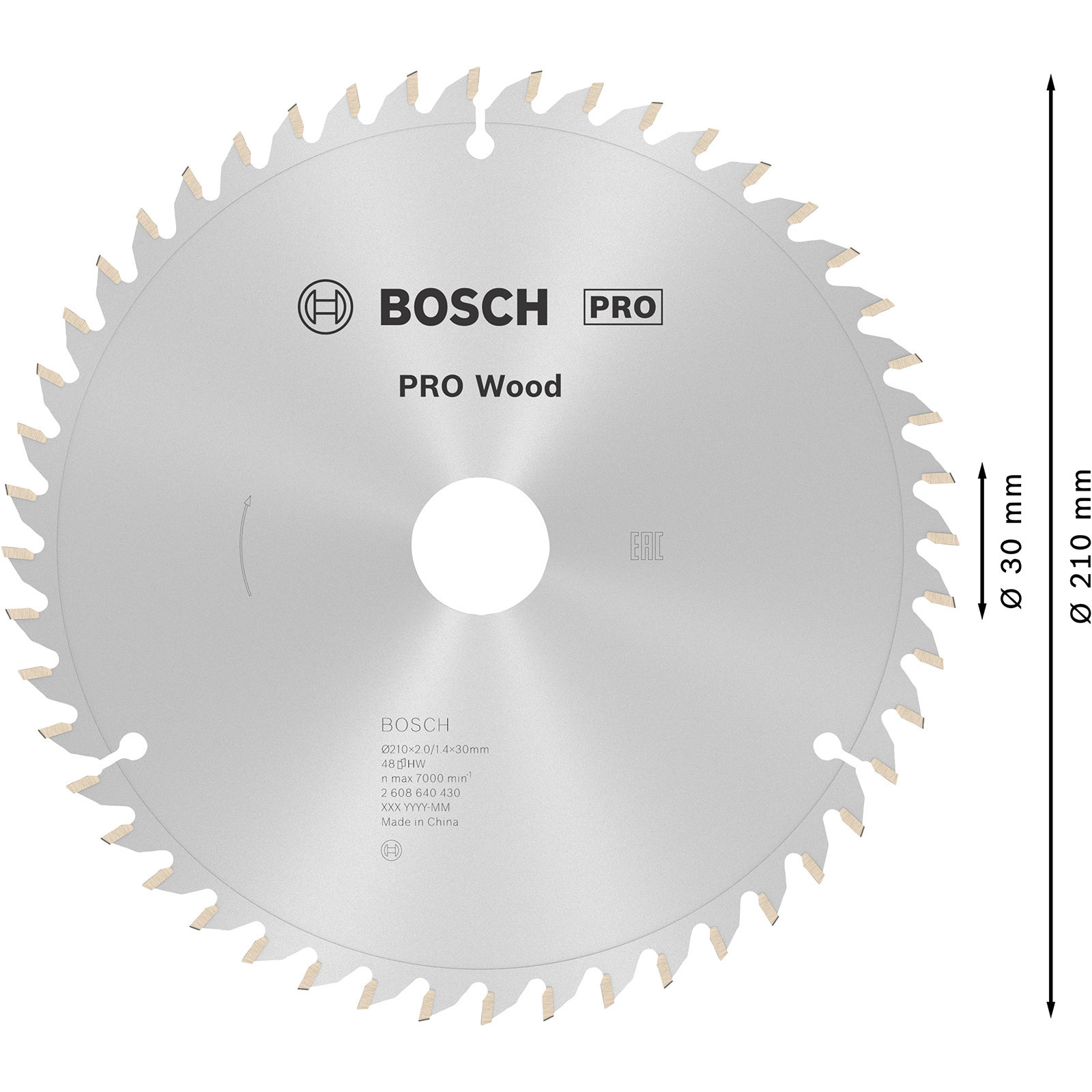 Bosch Pro logolu bir daire testere bıçağı. Ahşap kullanımı için işaretlenmiş, boyutları ve özellikleri ile.