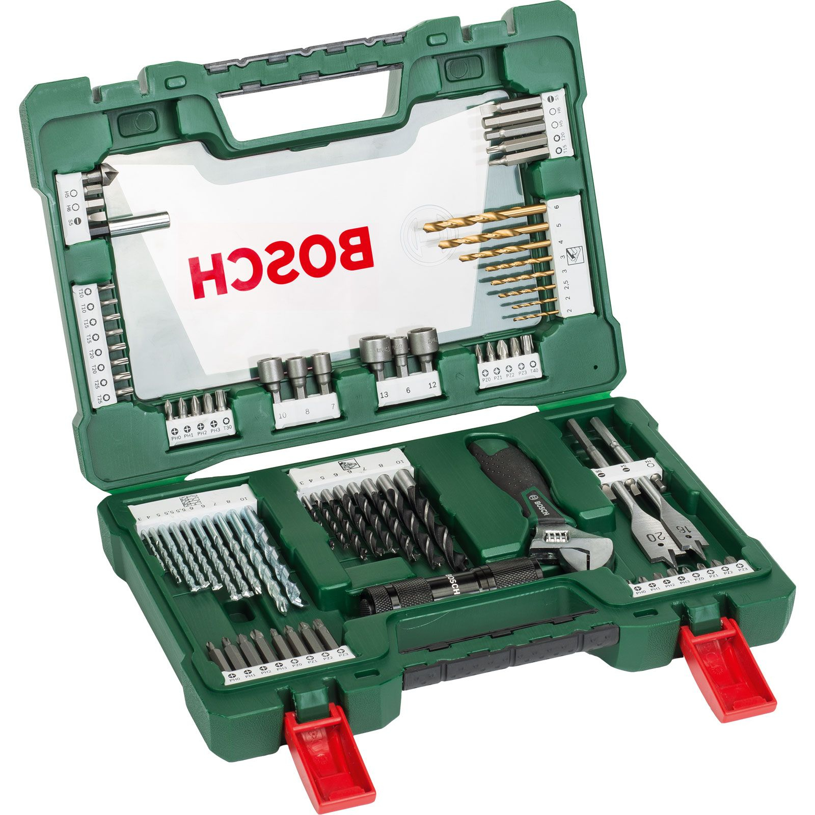 Cassetta degli attrezzi verde con varie punte da trapano, utensili e il logo Bosch. Aperta con chiusure rosse.