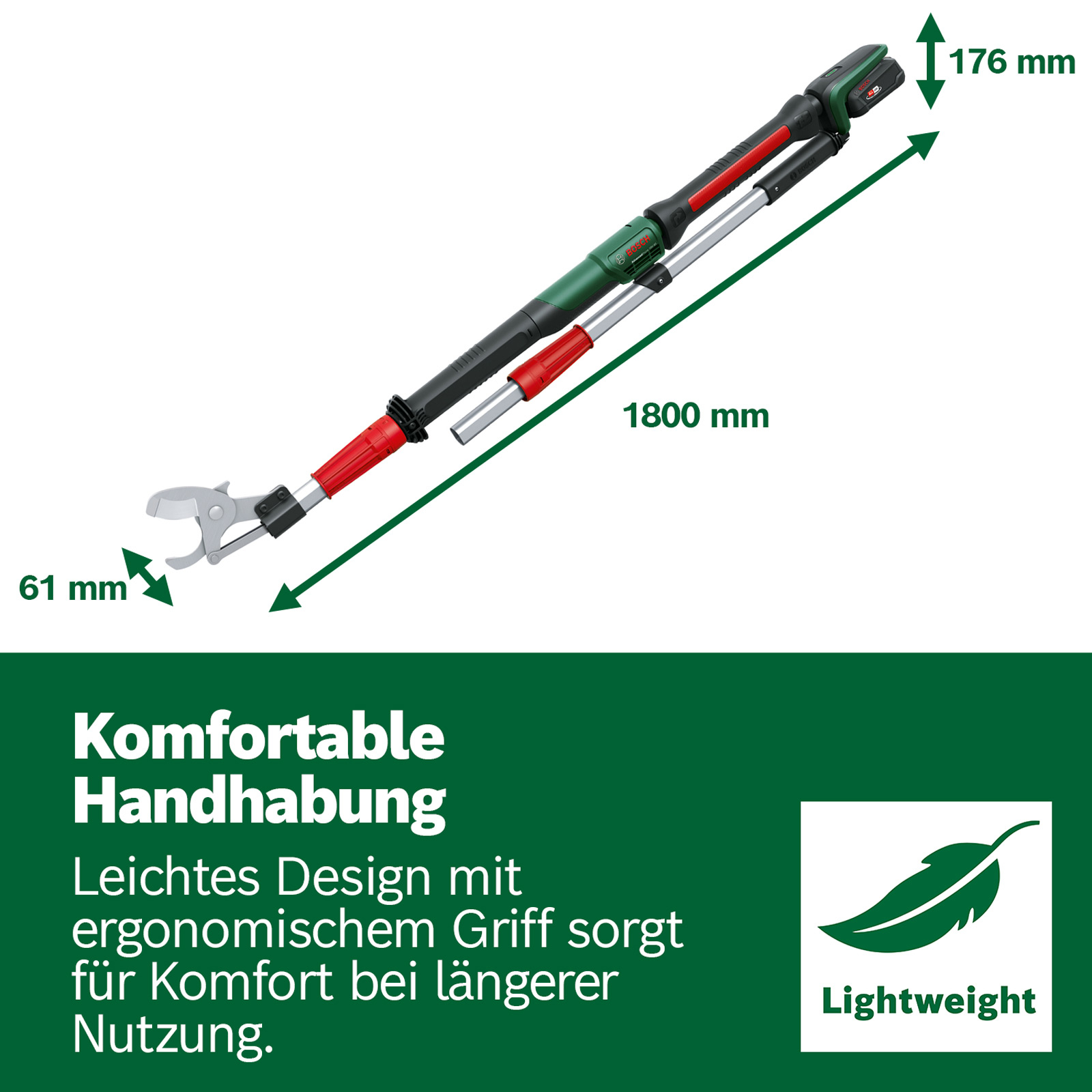 Ein Schuss aus einem Winkel zeigt ein schwarzes, rotes und silbernes Beschneidewerkzeug mit Maßangaben. Text beschreibt die komfortable Handhabung.