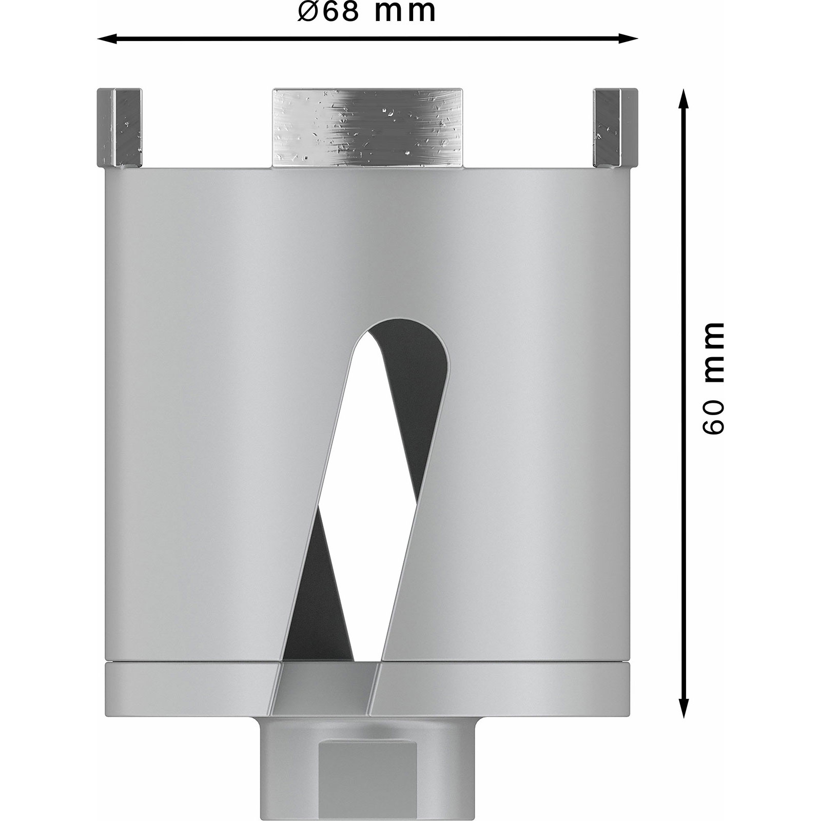 Cylindryczne wiertło ze stali, ze wskazaniem wymiarów. Ma otwór w kształcie rombu i dwa boczne wypusty.