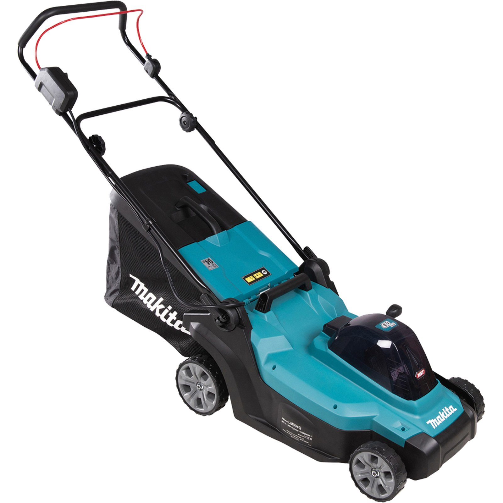 Ein teal-farbener und schwarzer Makita-Rasenmäher. Er hat einen schwarzen Griff mit roter Schnur, eine schwarze Tasche und vier graue Räder.