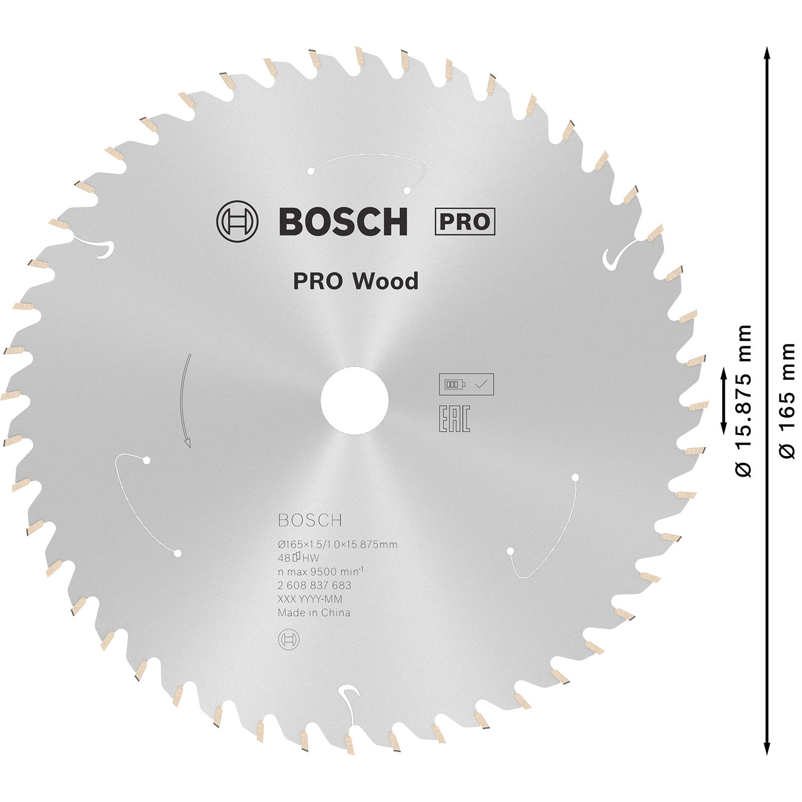 Bosch Pro Wood Kreissägeblatt. Silbernes Blatt mit Zähnen, schwarzer Text: Bosch, Pro, Abmessungen und Made in China.