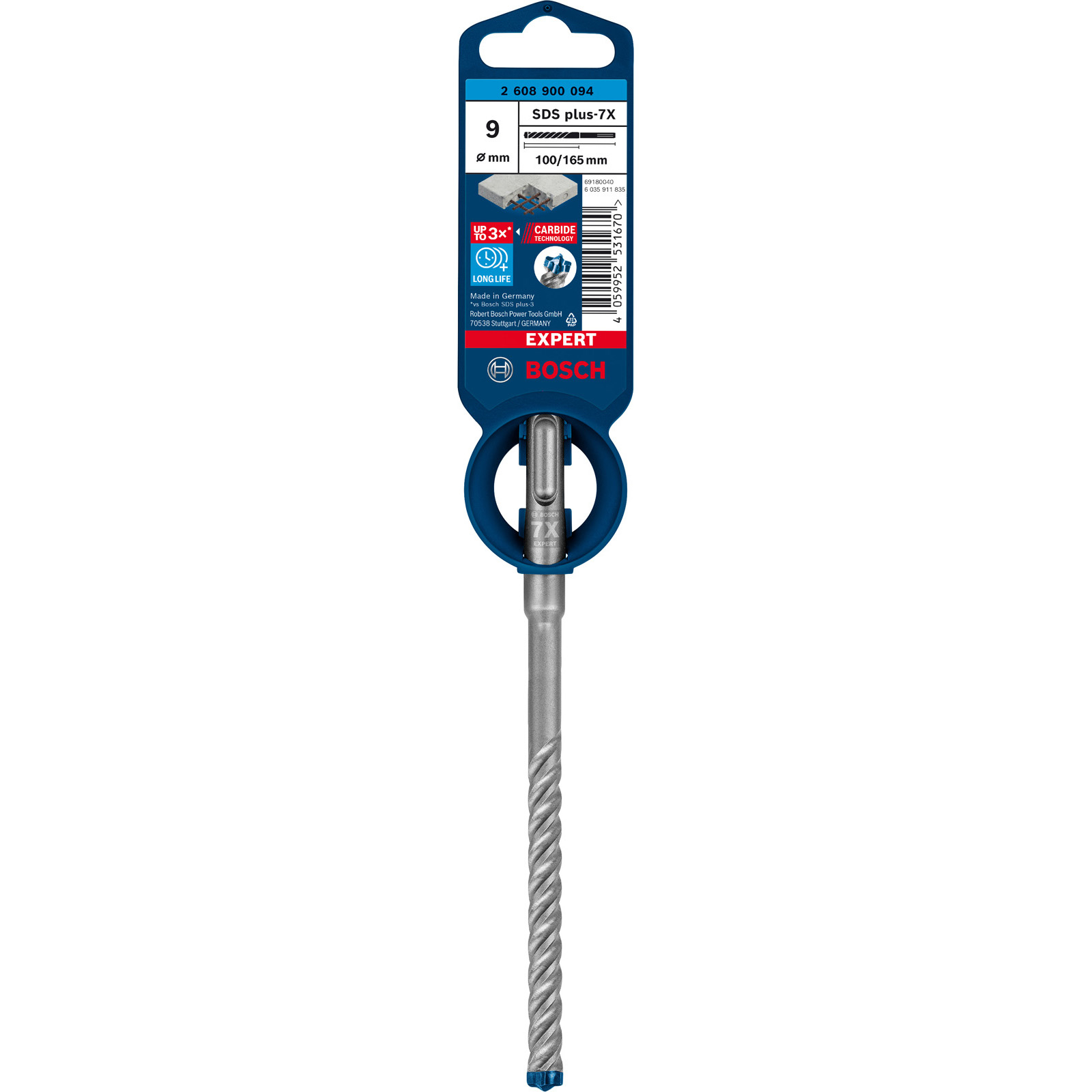 Bosch SDS plus-7X Bohrer. Blau und Silber mit Produktdetails auf der Verpackung.
