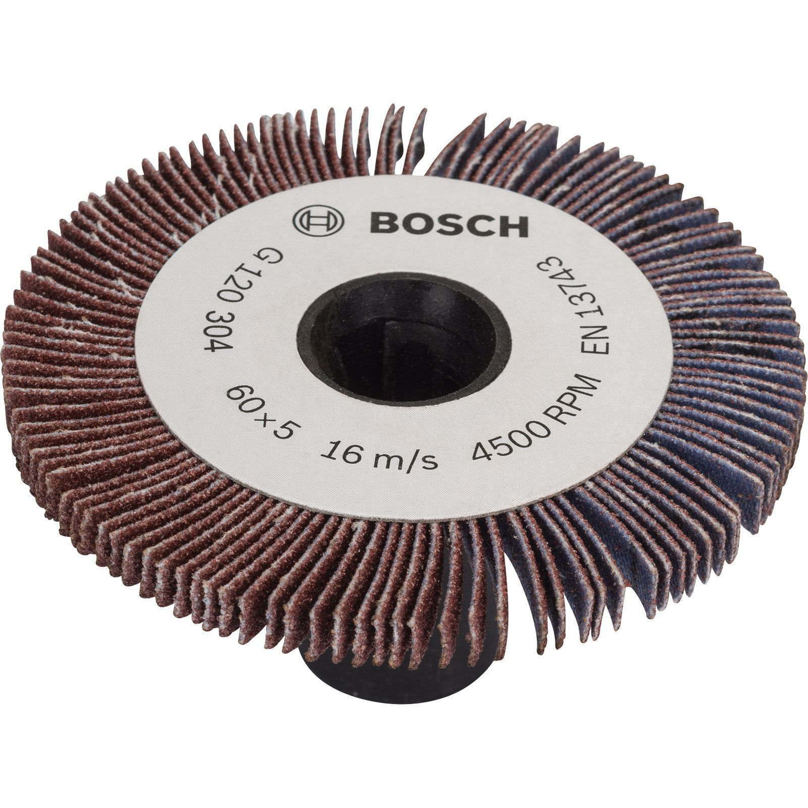 Een Bosch lamellenschijf, bruin en blauw, met tekst als 'BOSCH', 'G120 304' en '4500 RPM'. Zwart centrum.