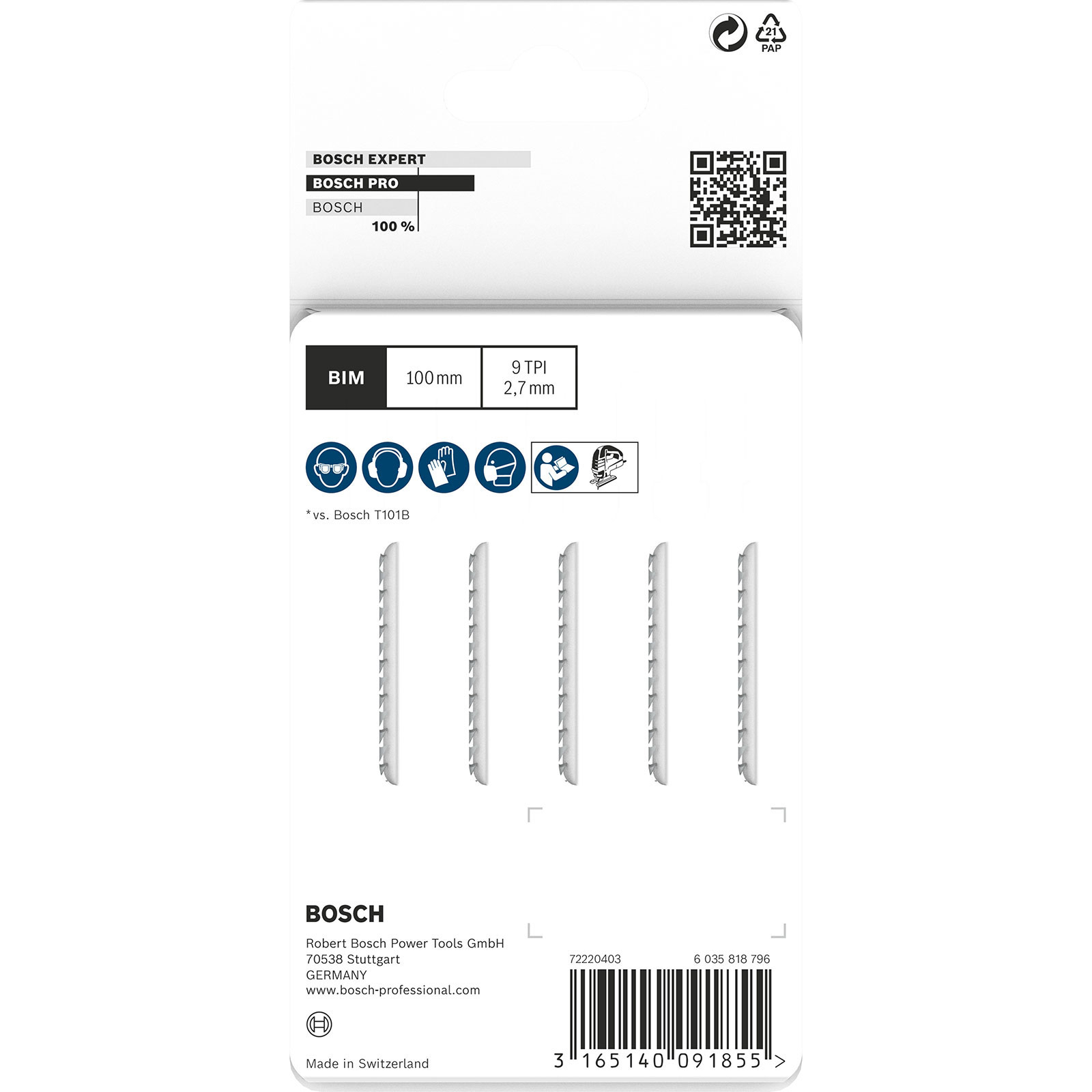 Bosch Pro Sägeblattverpackung. Weiße Klingen sind sichtbar. Die Verpackung enthält Produktdetails und Sicherheitssymbole.