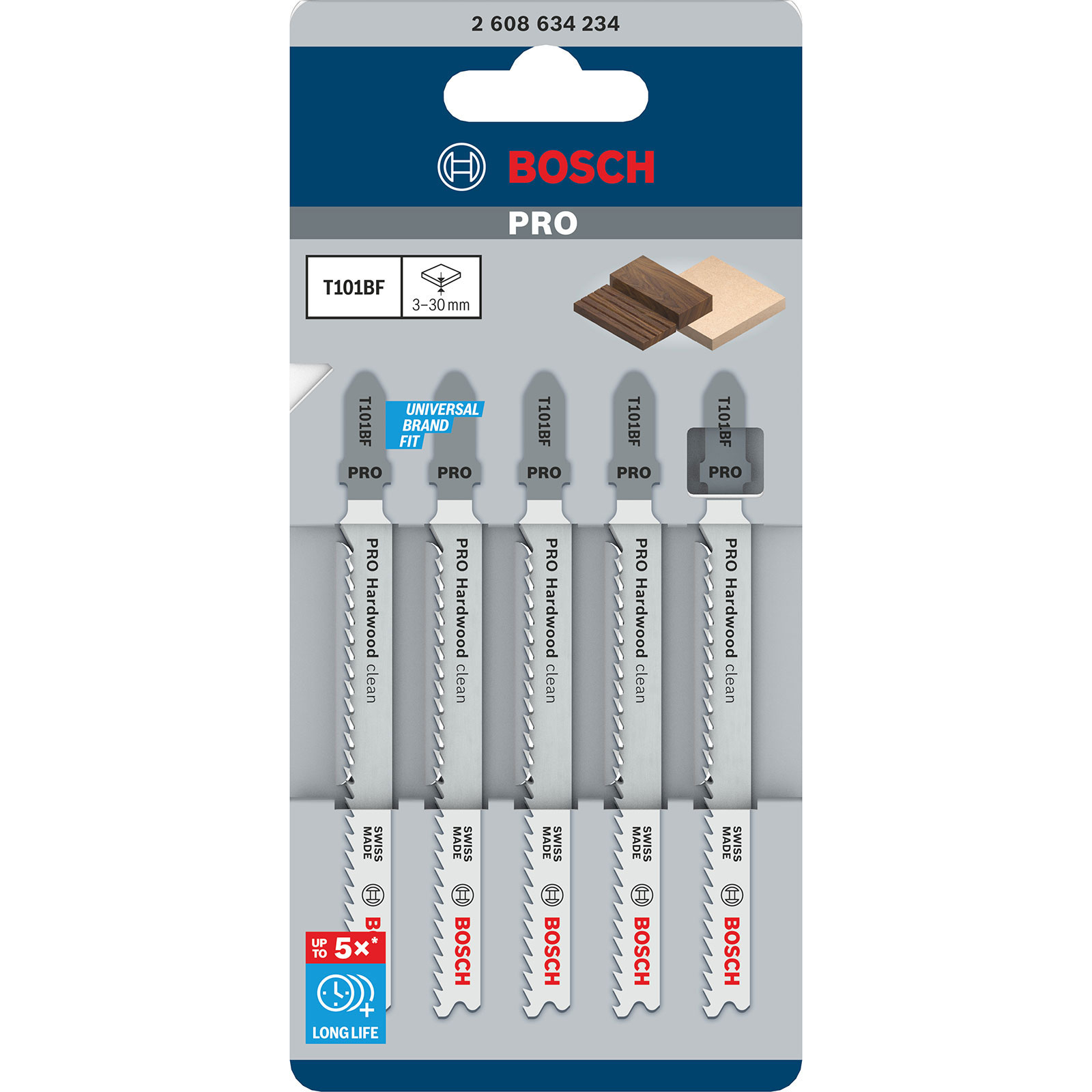 Bosch Pro Sägeblattverpackung. Sie zeigt fünf Blätter, mit Holzmustern und dem Bosch-Logo.