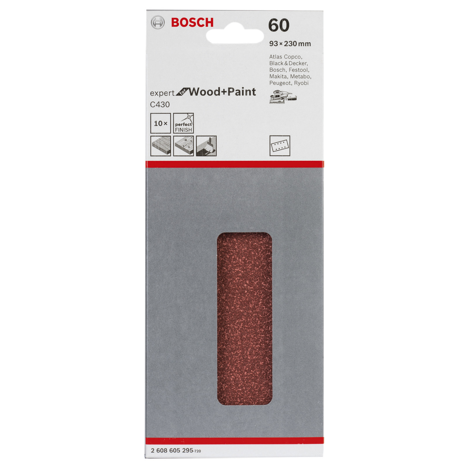 Confezione del prodotto Bosch. Una cinghia abrasiva con una trama granulare marrone è visibile attraverso un ritaglio. Diversi elementi di testo sono presenti.