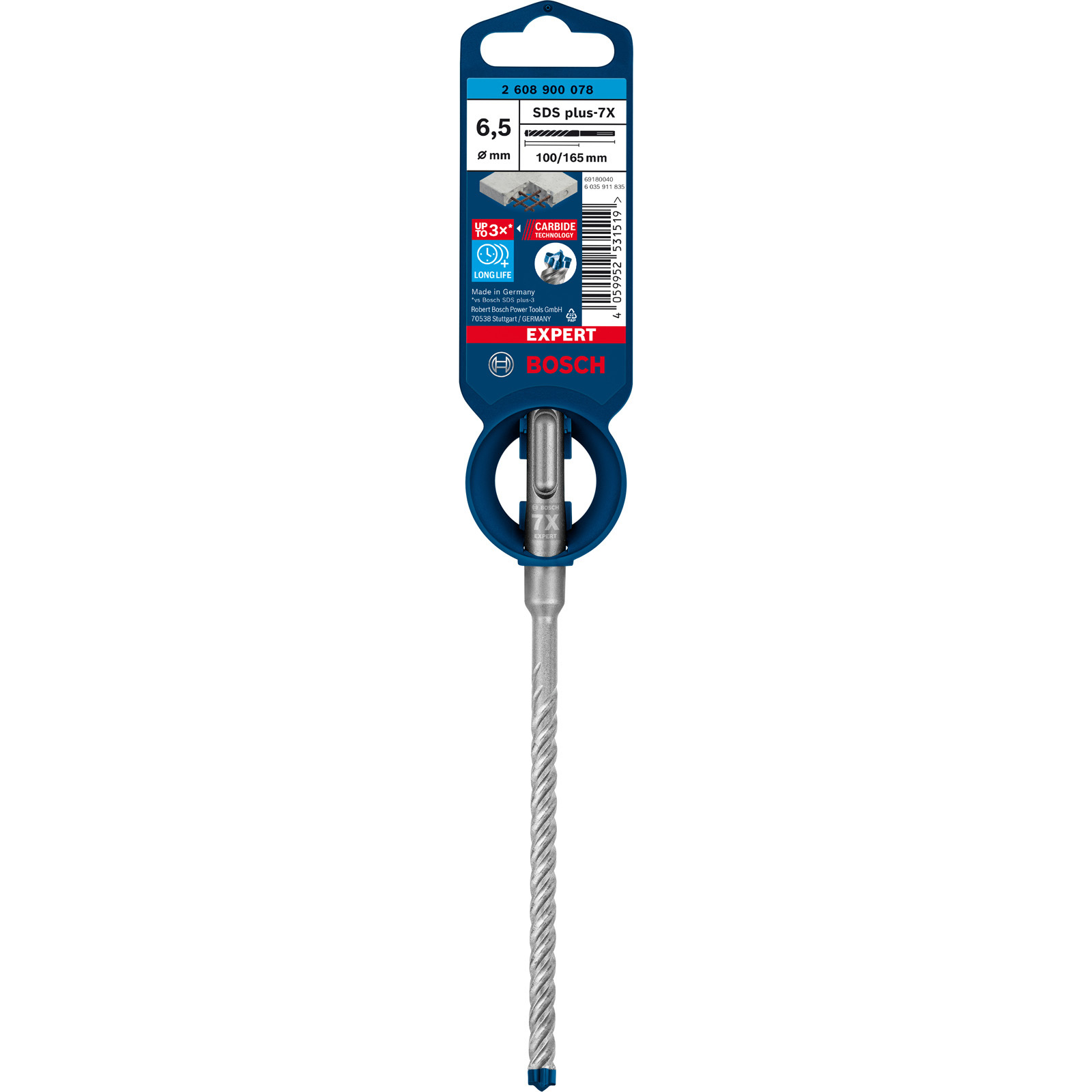 Ein Bosch SDS plus-7X Bohrer. Er ist blau und silberfarben, mit einer blau-schwarzen Verpackung. Die Verpackung hat Text.