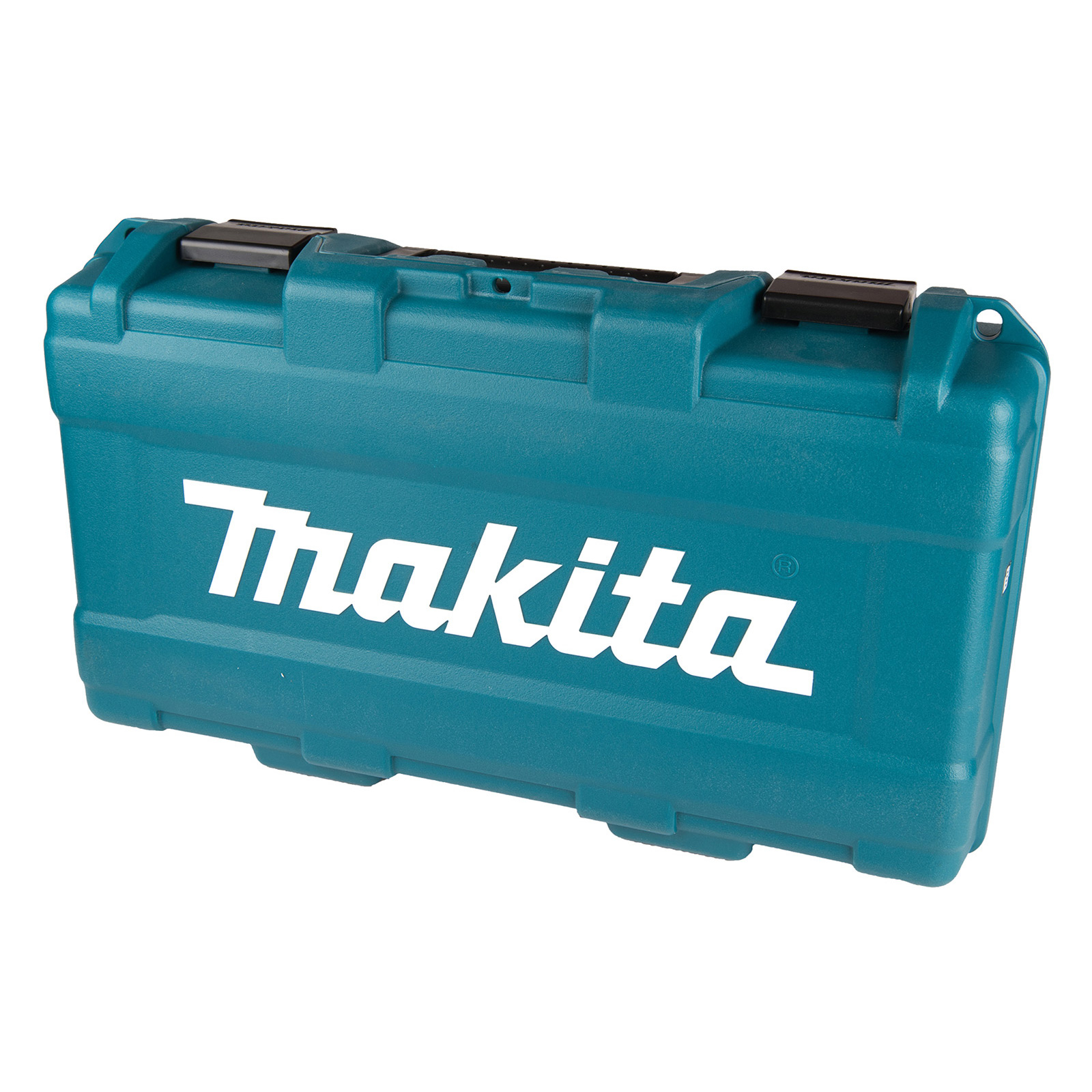 Ein türkisfarbener Makita-Werkzeugkoffer. Der Koffer ist mit schwarzen Verschlüssen geschlossen. Das Makita-Logo ist weiß.