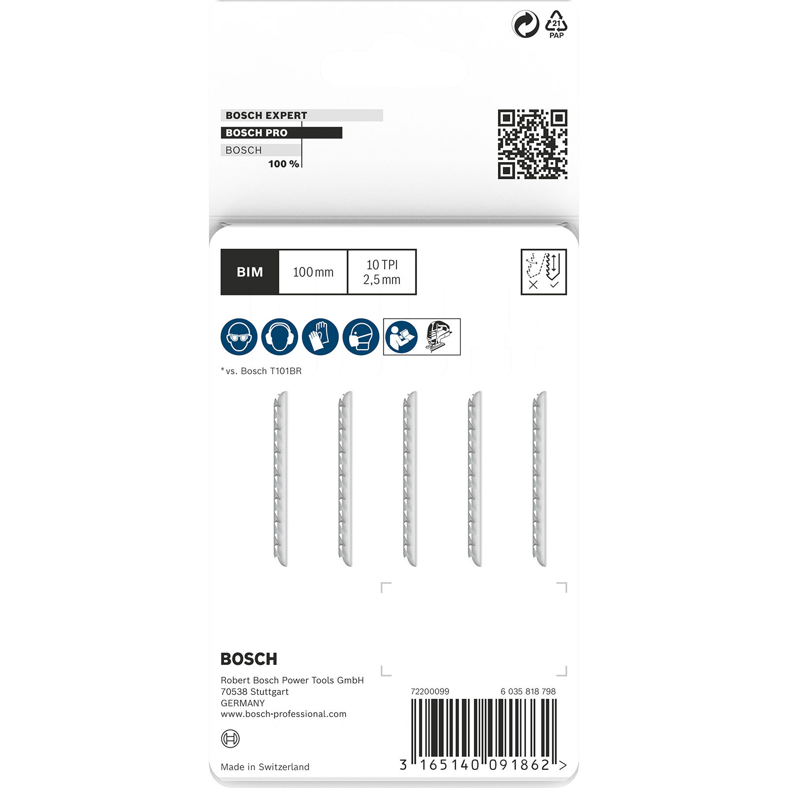 Bosch PRO testere bıçağı paketi. Beş bıçak içerir, BIM, 100mm, 10 TPI, 2.5mm. Güvenlik simgeleri ve ürün detayları da görülebilir.