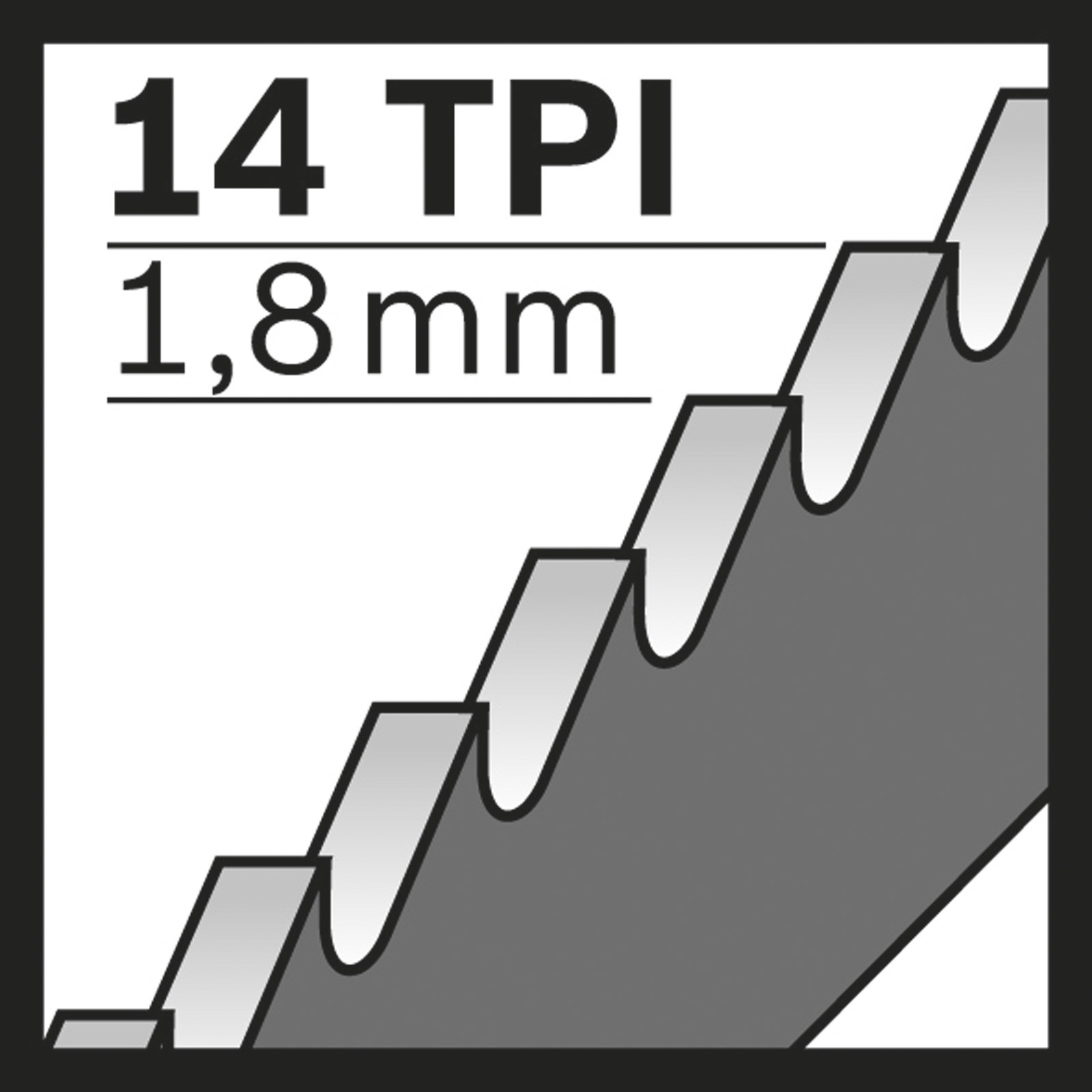 Diagramm eines Sägeblattes mit Text: '14 TPI' und '1,8 mm'. Das Blatt hat Zähne unterschiedlicher Größe in Grau und Weiß.