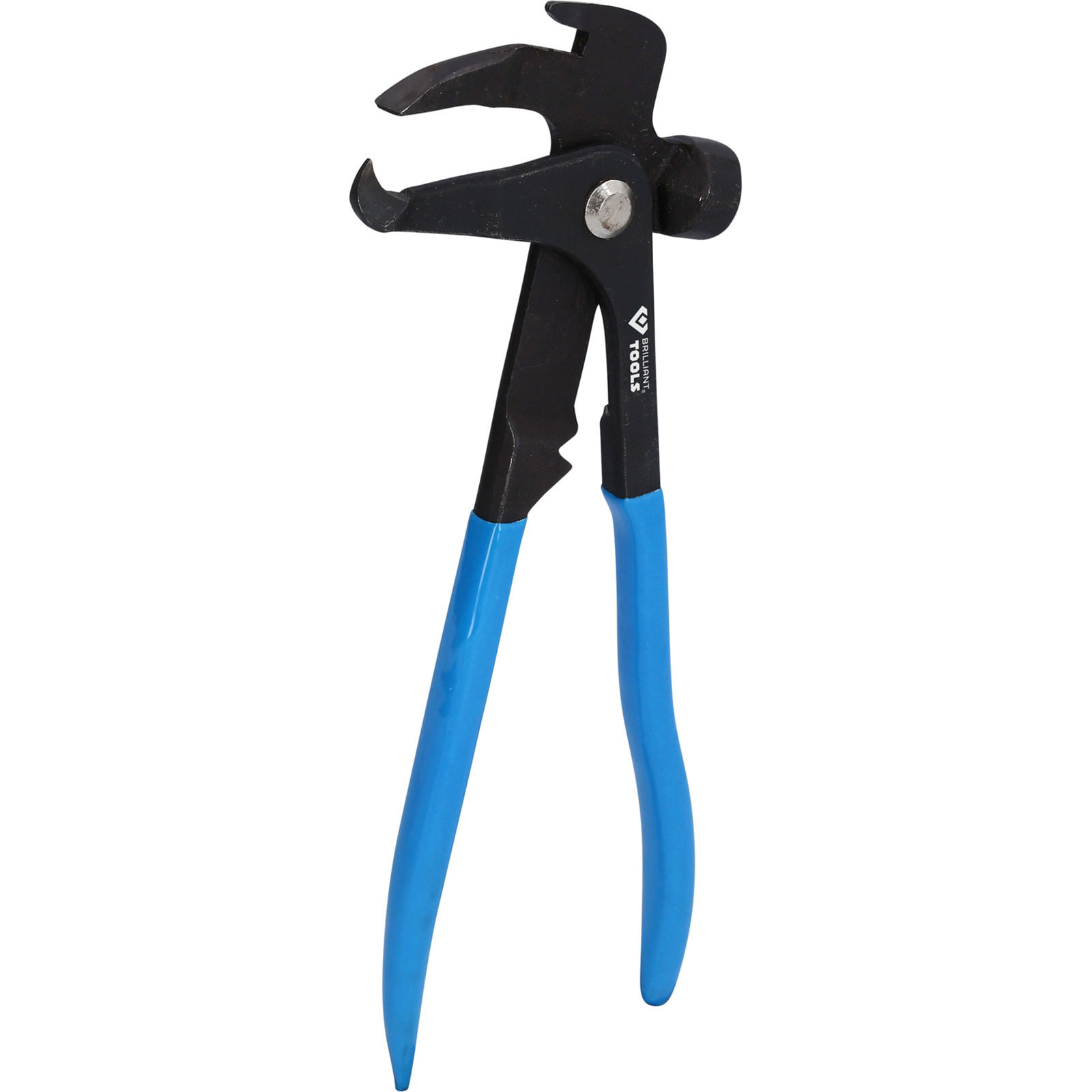 Ein schwarz-blaues Werkzeug mit Hammerkopf und gebogenen Backen. Es hat blaue Griffe und befindet sich auf weißem Hintergrund.