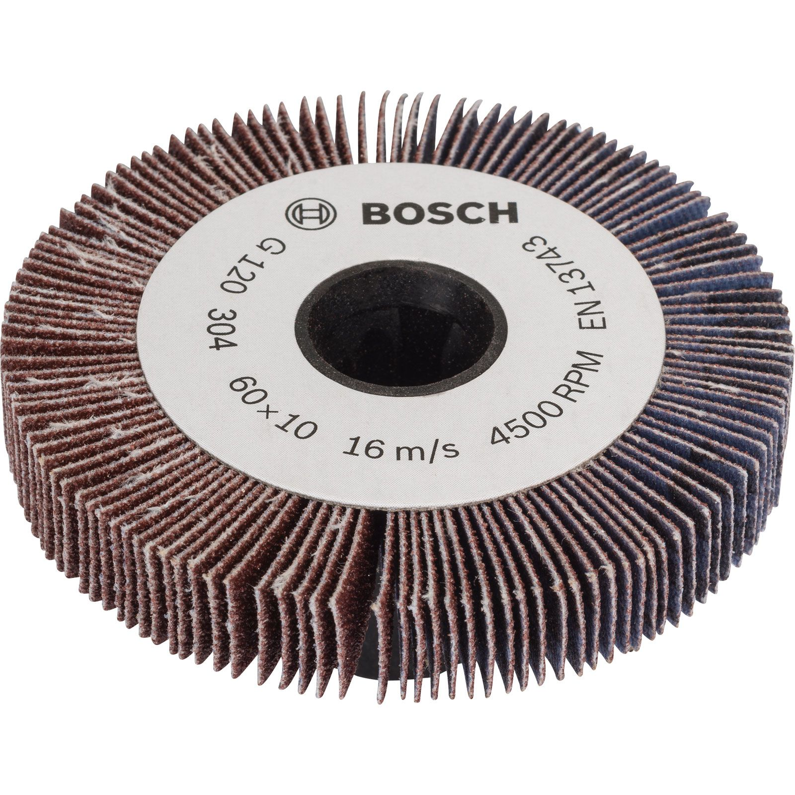 Bosch lamellenschijf. Bruine en blauwe schuurlamellen omringen een witte schijf met merkdetails. Voor 4500 RPM.