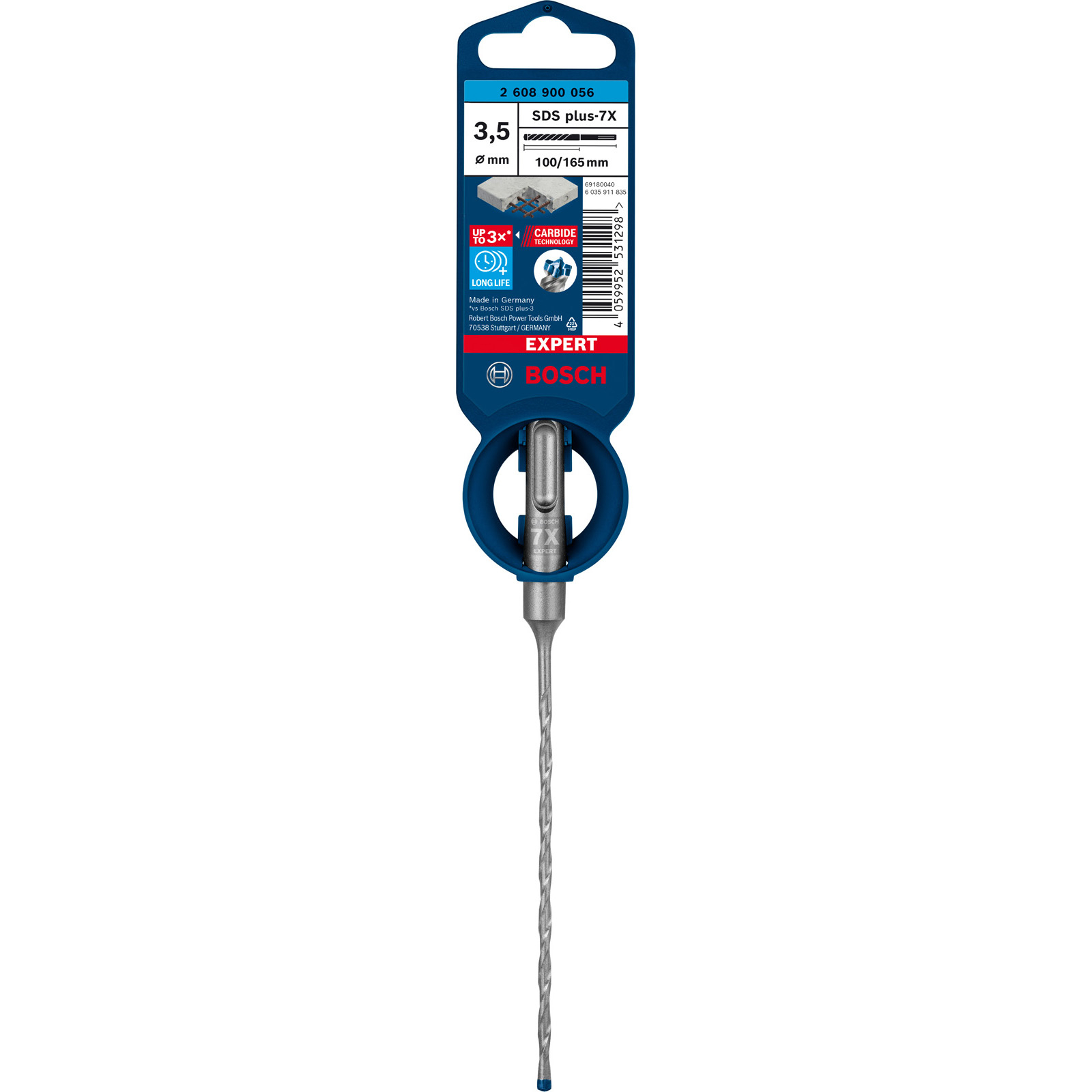 Ein Bosch-Bohrer mit blau-silbernem Halter. Die Verpackung zeigt Details und das Bosch-Logo.